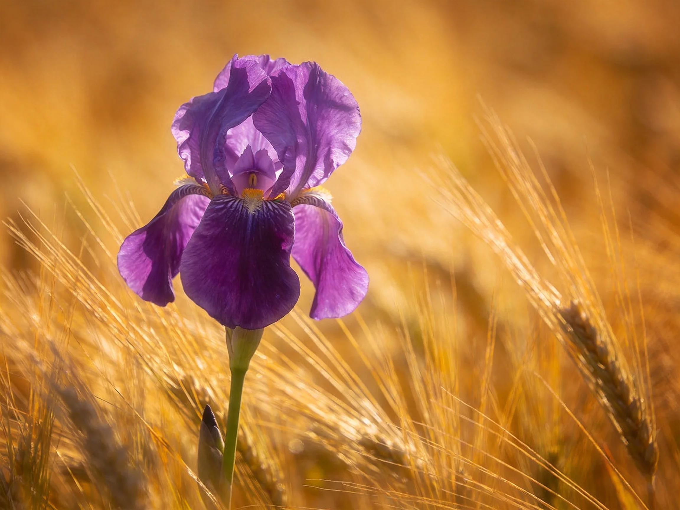 A vibrant purple iris blooms amidst golden wheat stalks
