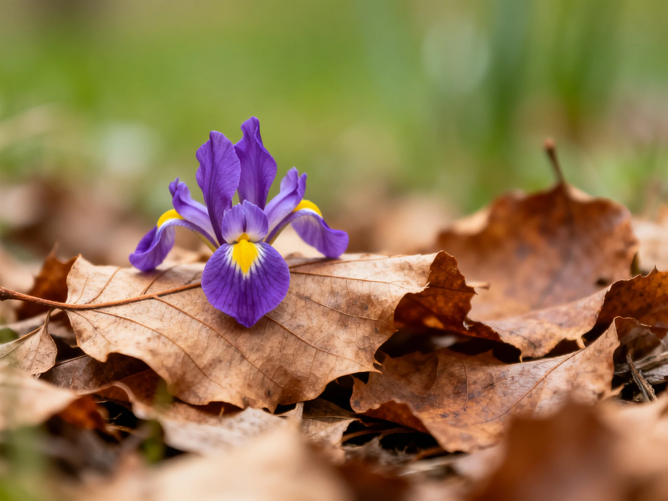 A vibrant purple iris blooms atop weathered brown autumn leaves