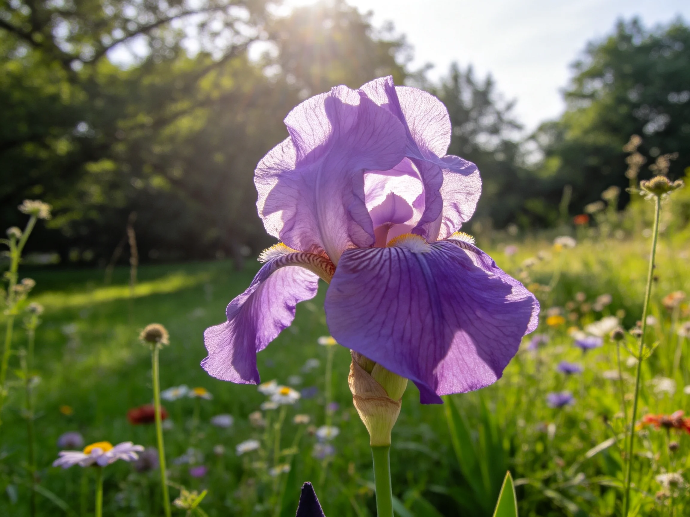 A vibrant purple iris blooms in a sunlit wildflower meadow