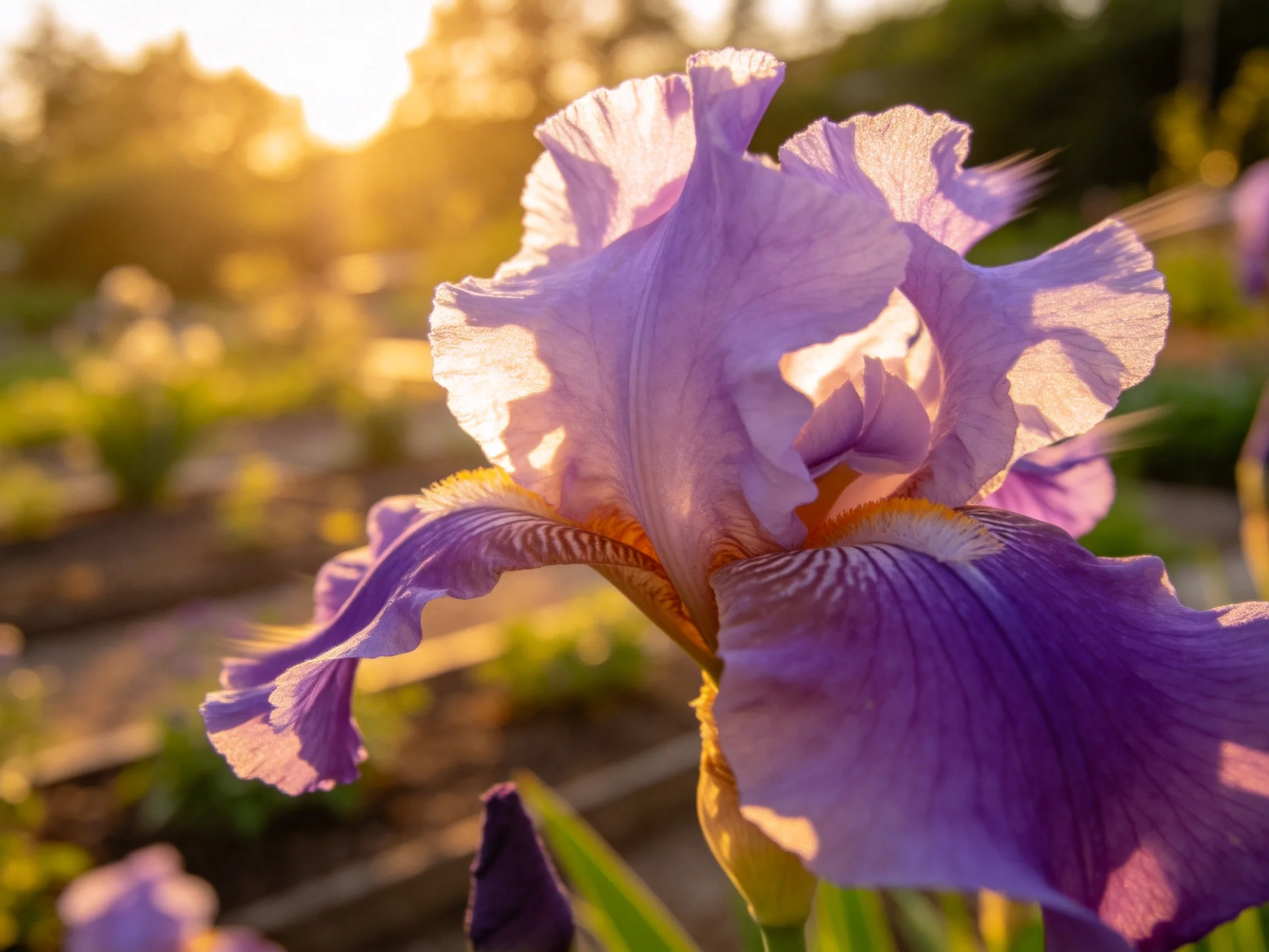 A vibrant purple iris blooms in golden sunlight among garden rows.