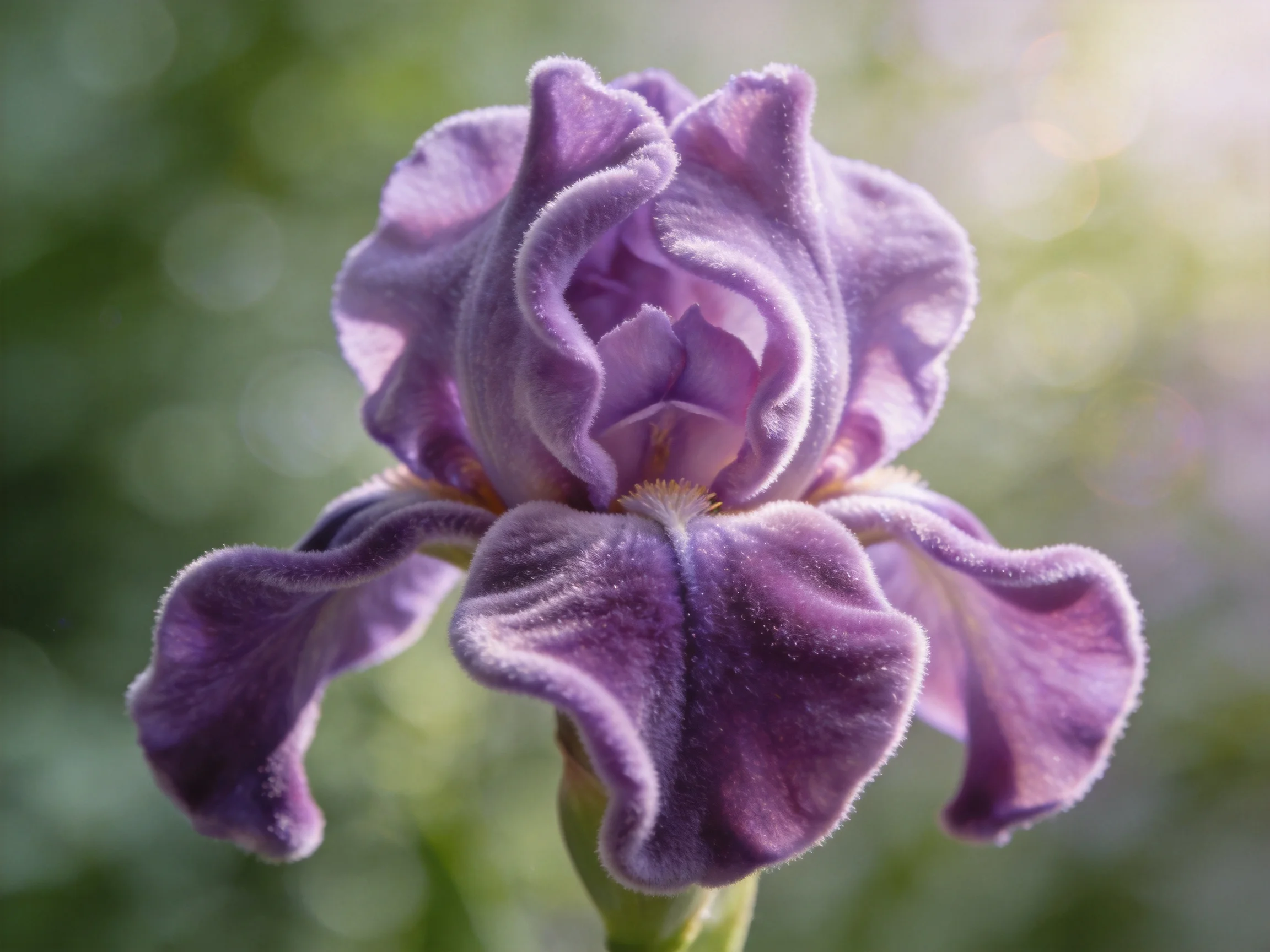 A vibrant purple iris with ruffled petals in a soft green bokeh