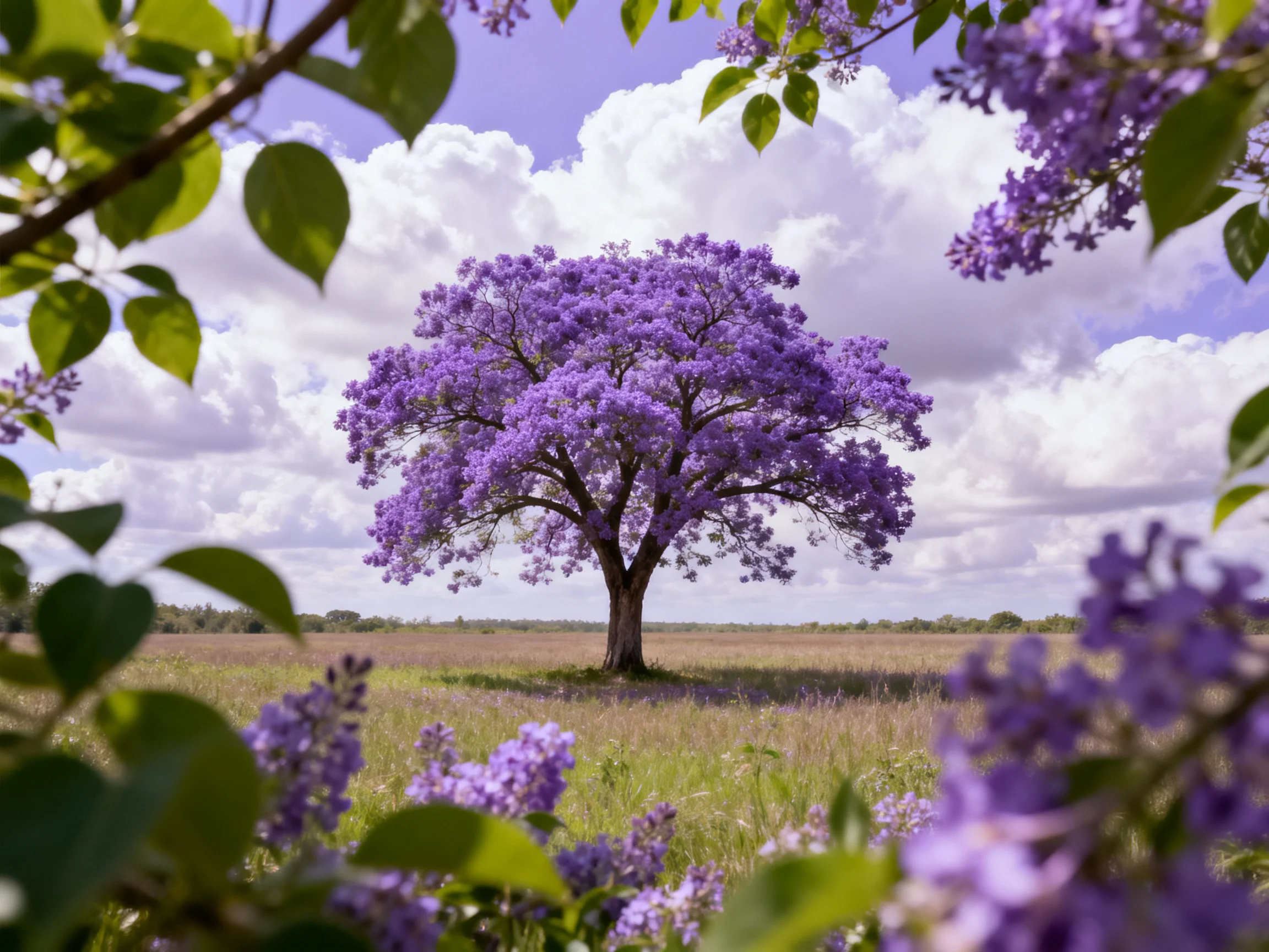 A vibrant purple jacaranda tree stands alone in an open field under a cloudy sky
