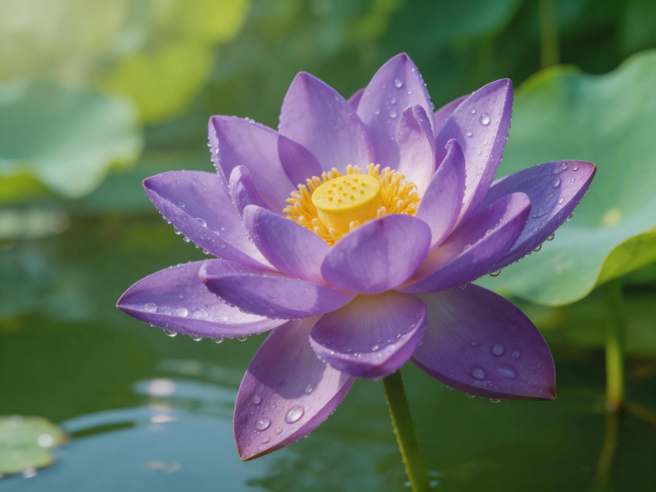 A vibrant purple lotus with dewdrops near green lily pads