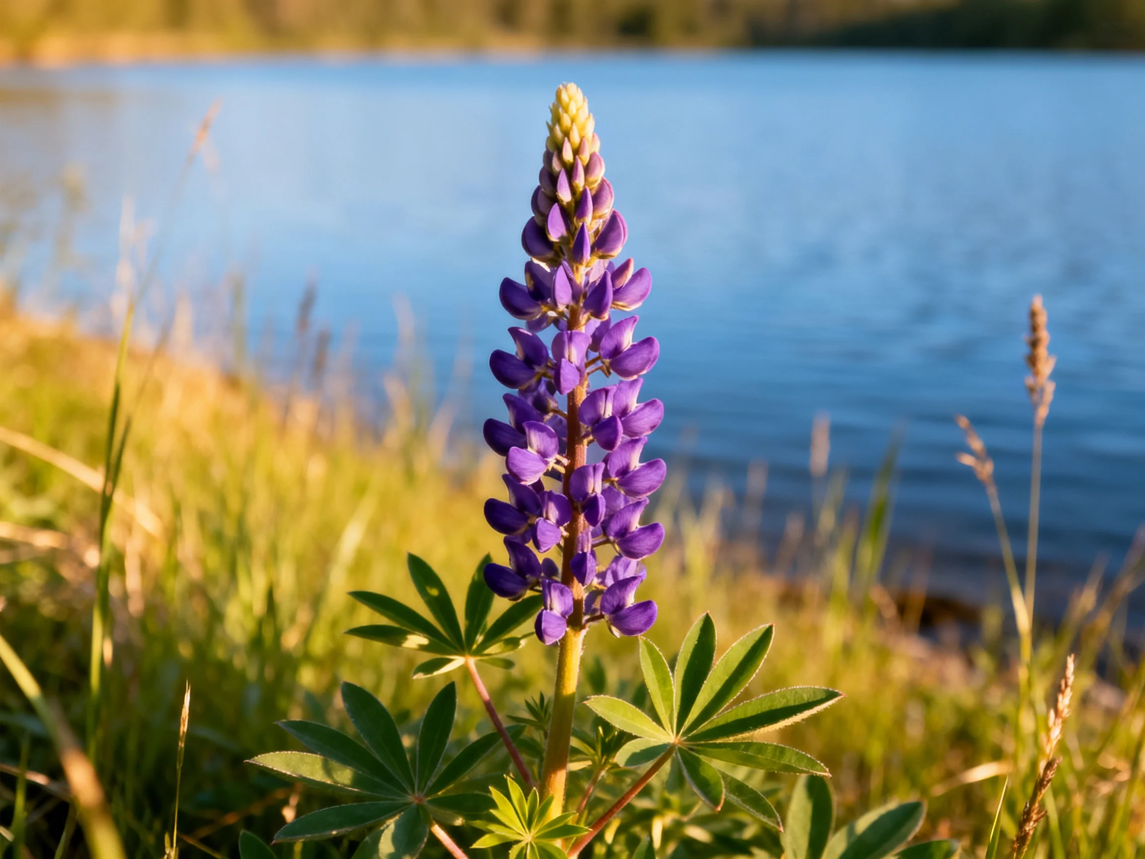 A vibrant purple lupine blooms by a serene lakeside