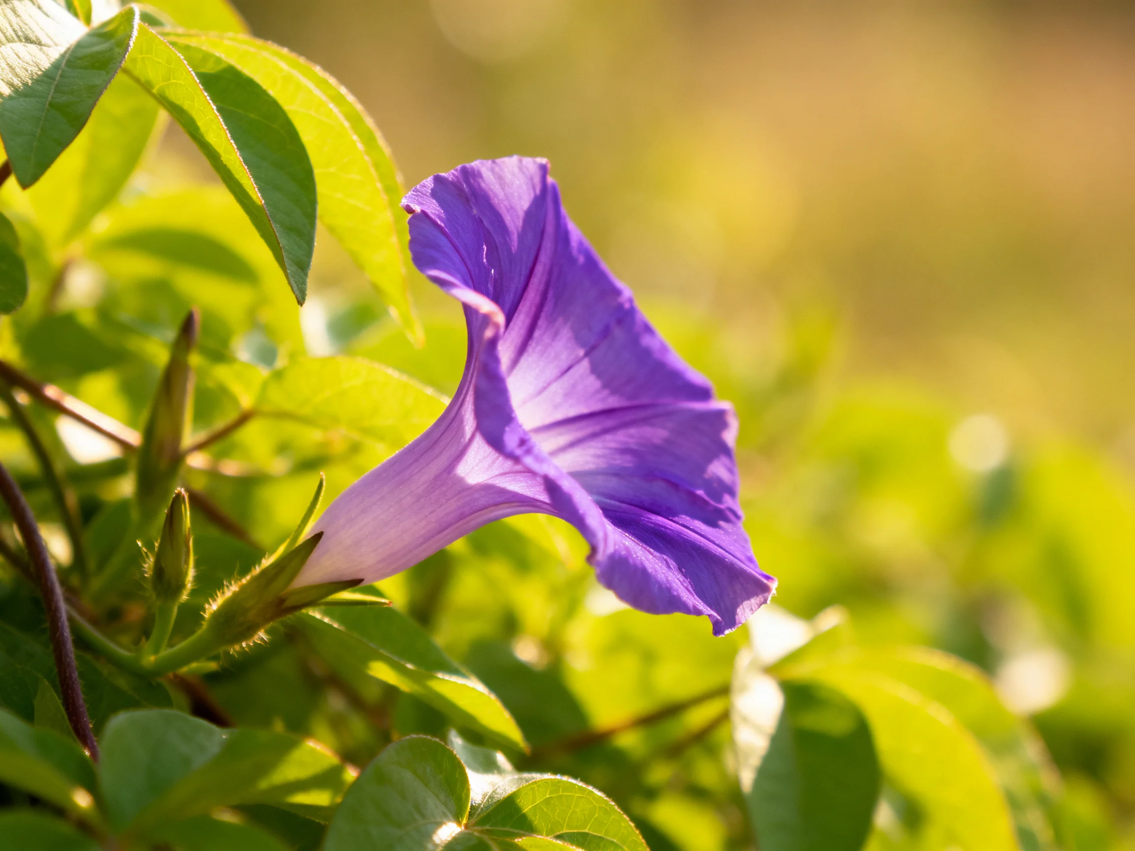 A vibrant purple morning glory blooms amid lush green foliage