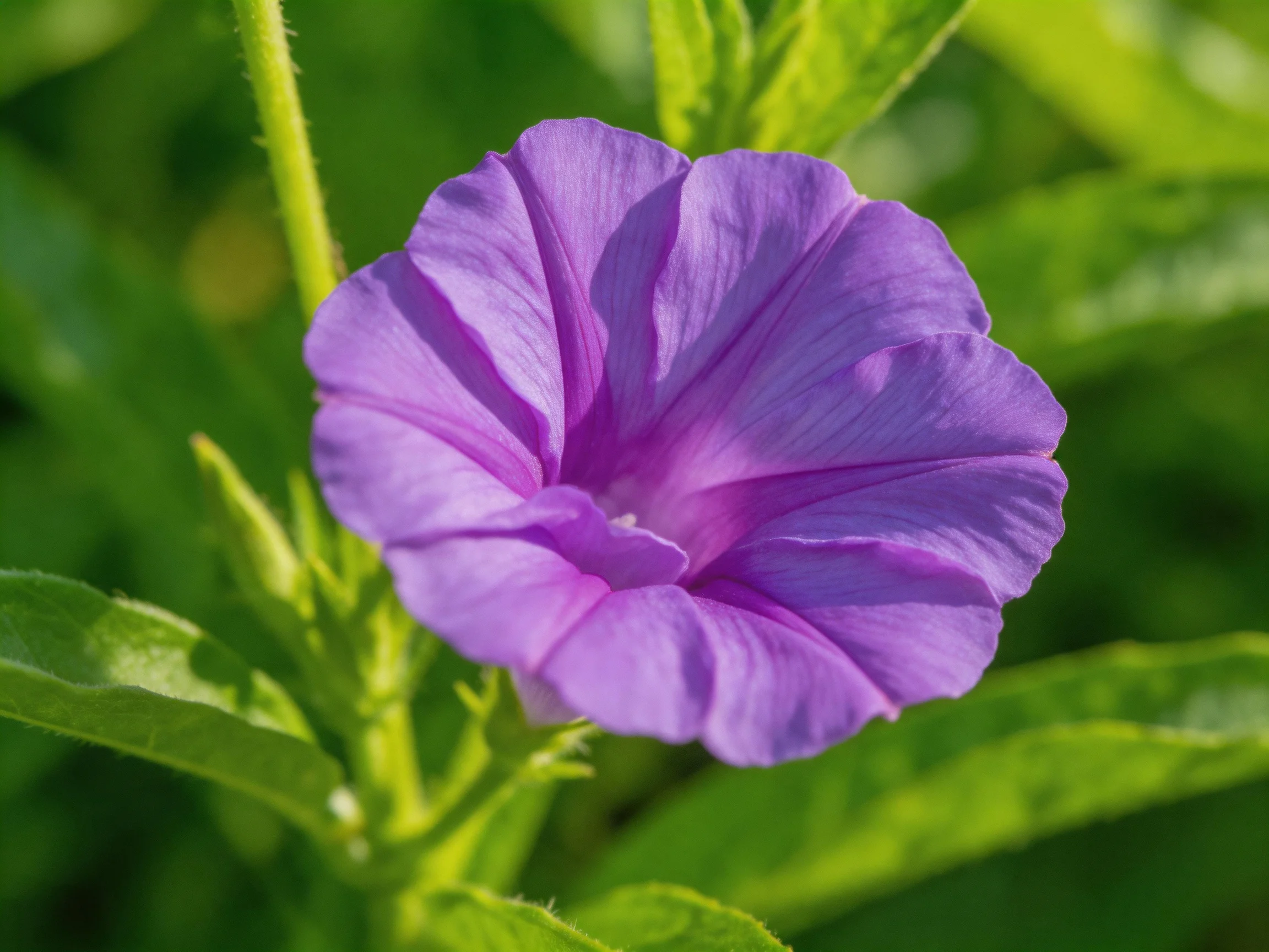 A vibrant purple morning glory flower among lush green foliage