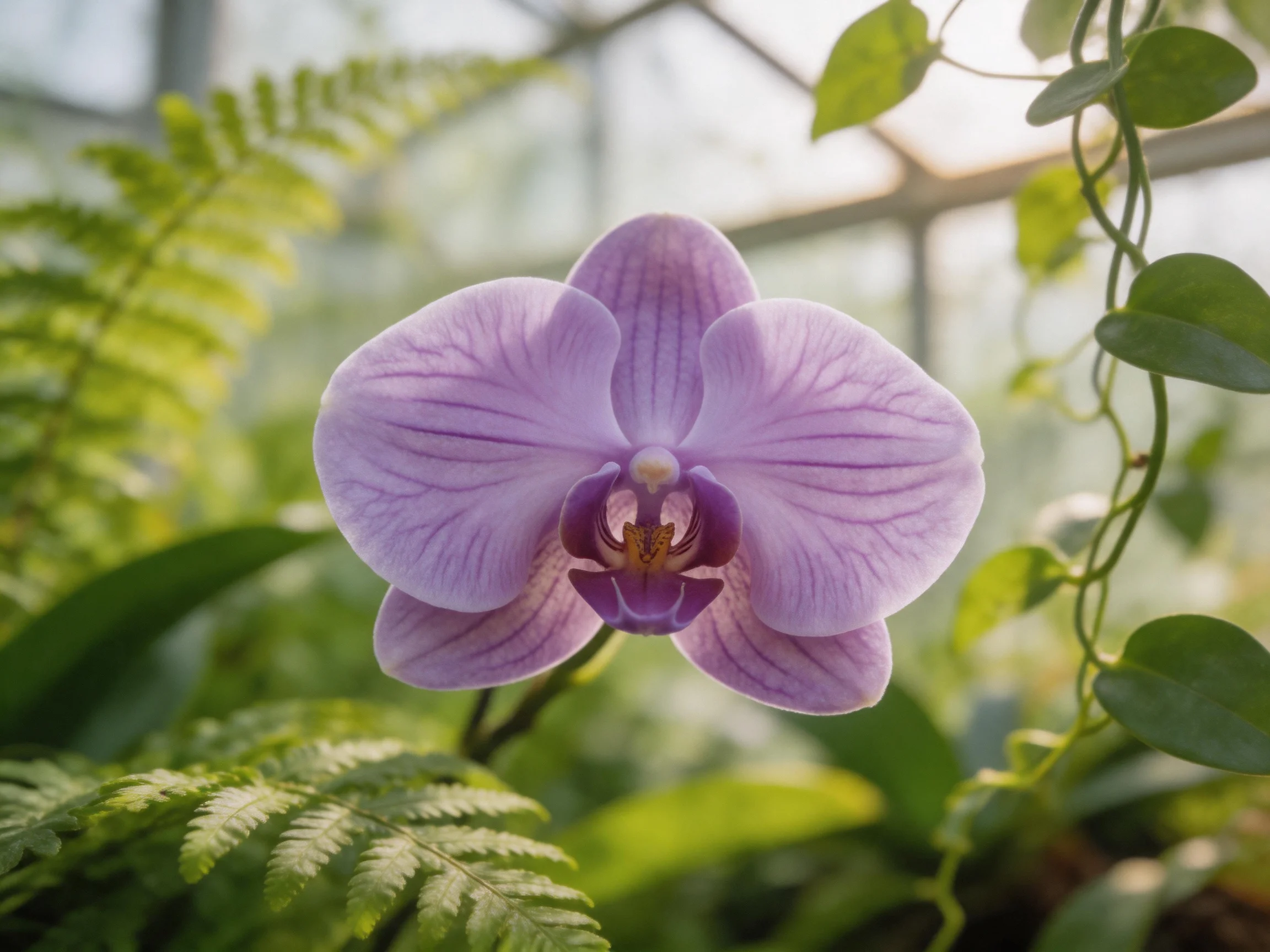 A vibrant purple orchid surrounded by lush green plants