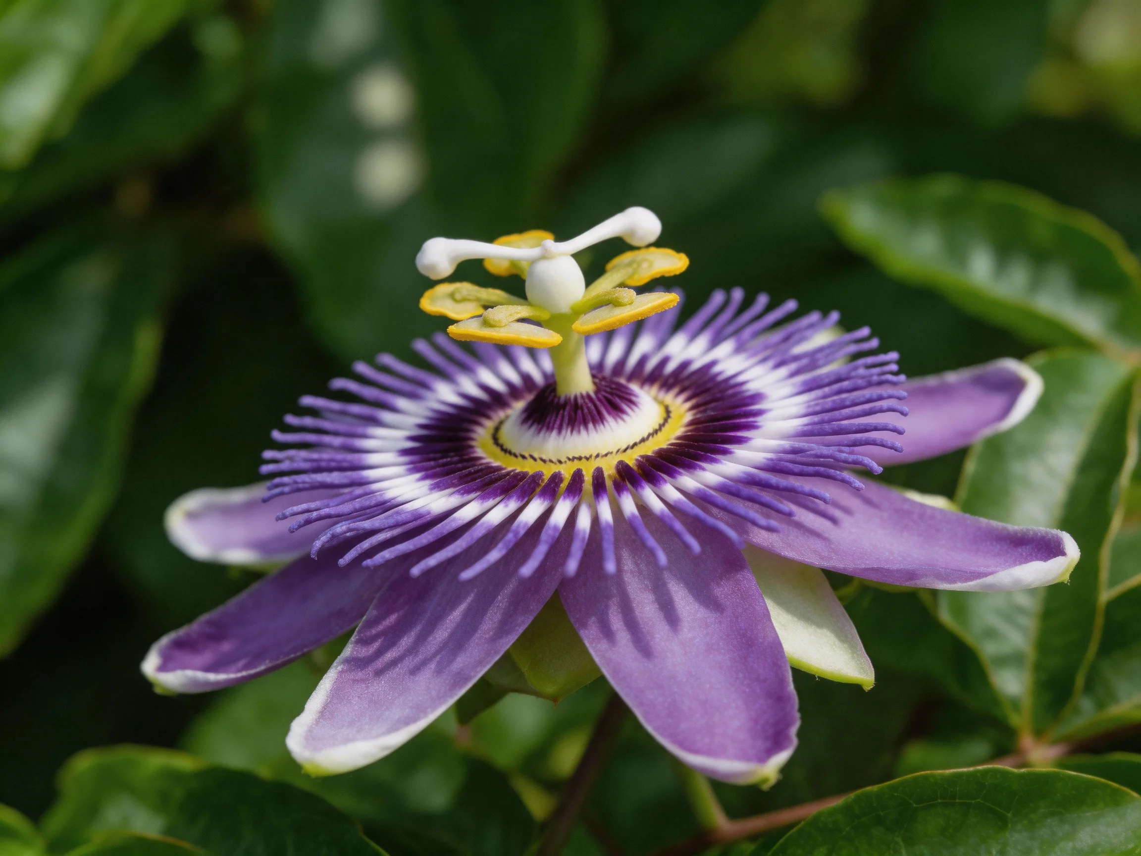 A vibrant purple passionflower with yellow accents amid lush green foliage