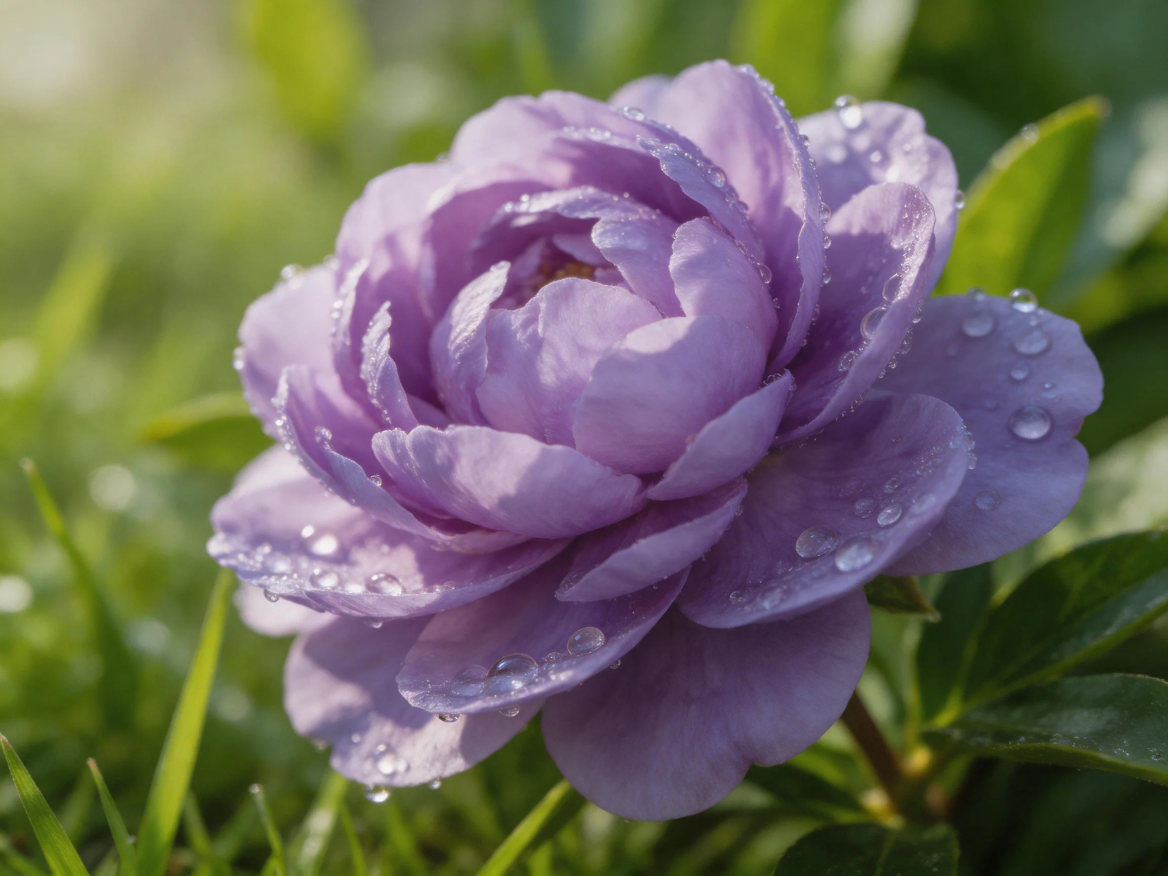 A vibrant purple peony adorned with glistening water droplets