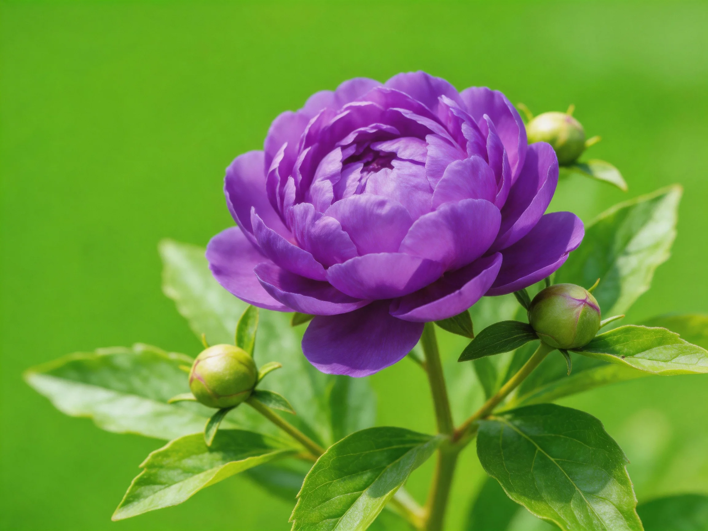 A vibrant purple peony blooms beside two unopened buds with lush green foliage