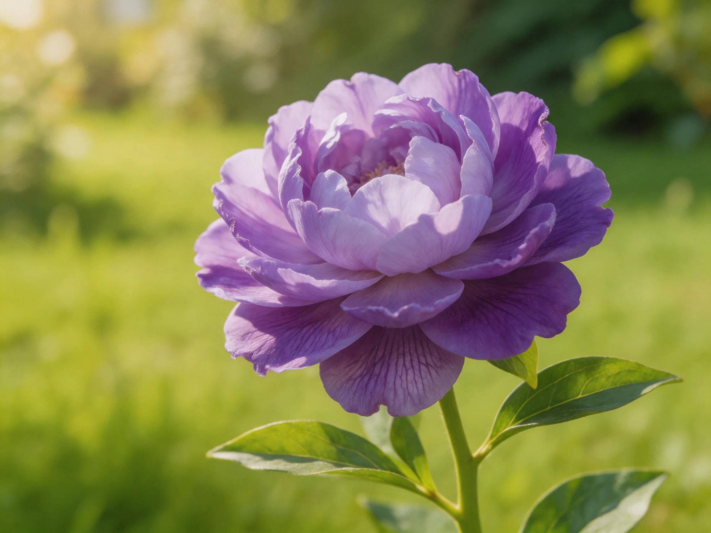 A vibrant purple peony blooms in a sunlit green garden