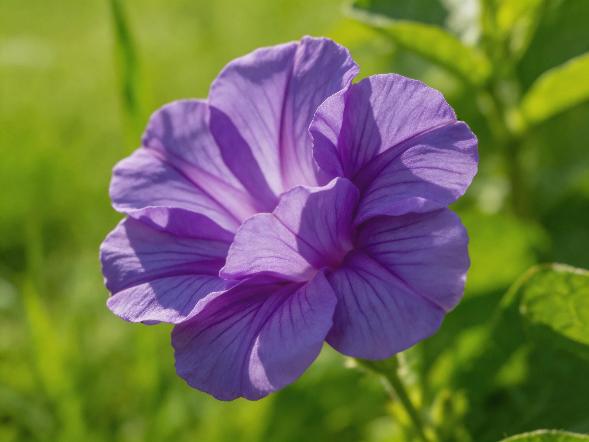 A vibrant purple petunia blooms amid lush green foliage