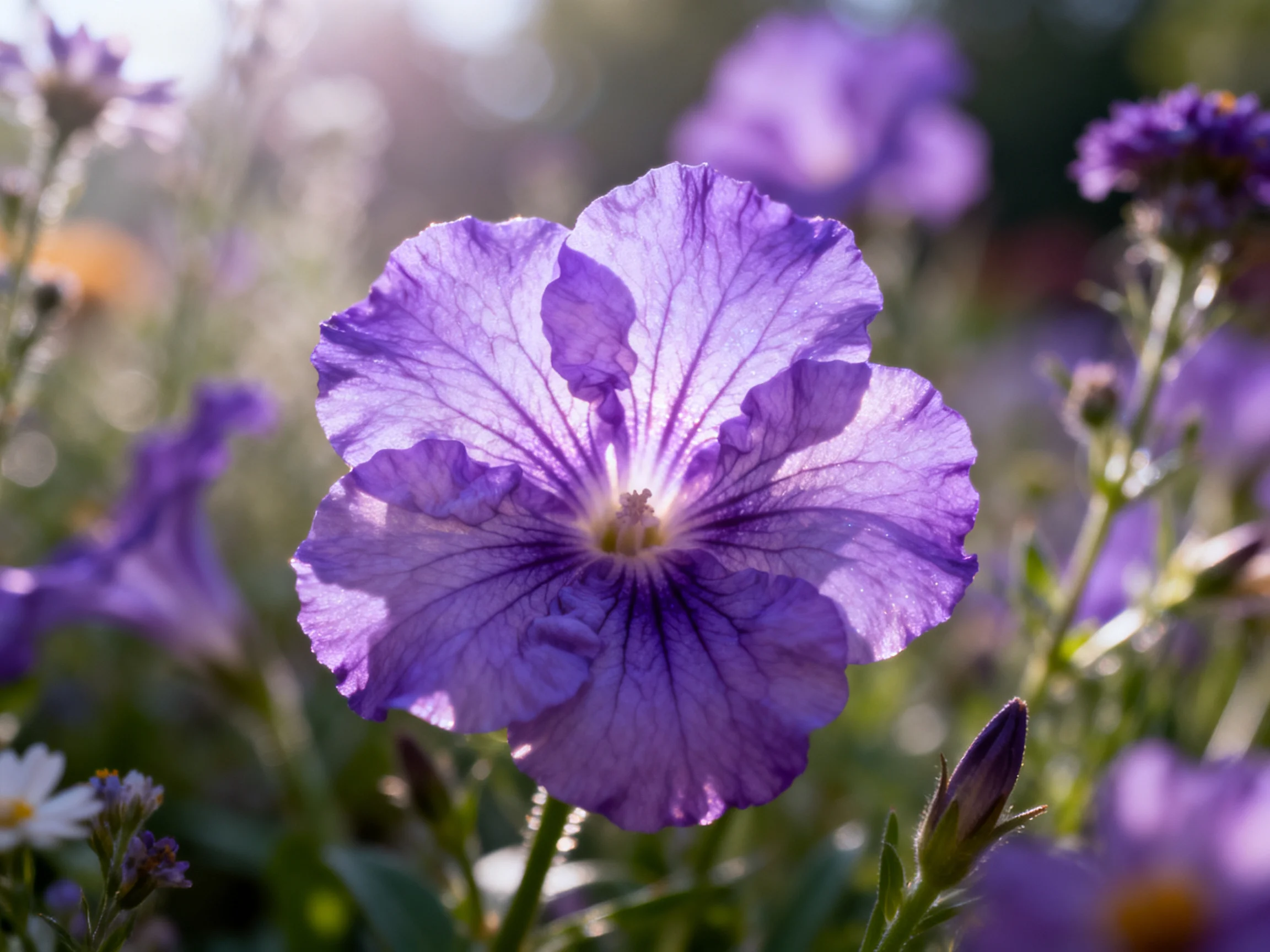 A vibrant purple petunia blooms amid soft-focus floral surroundings