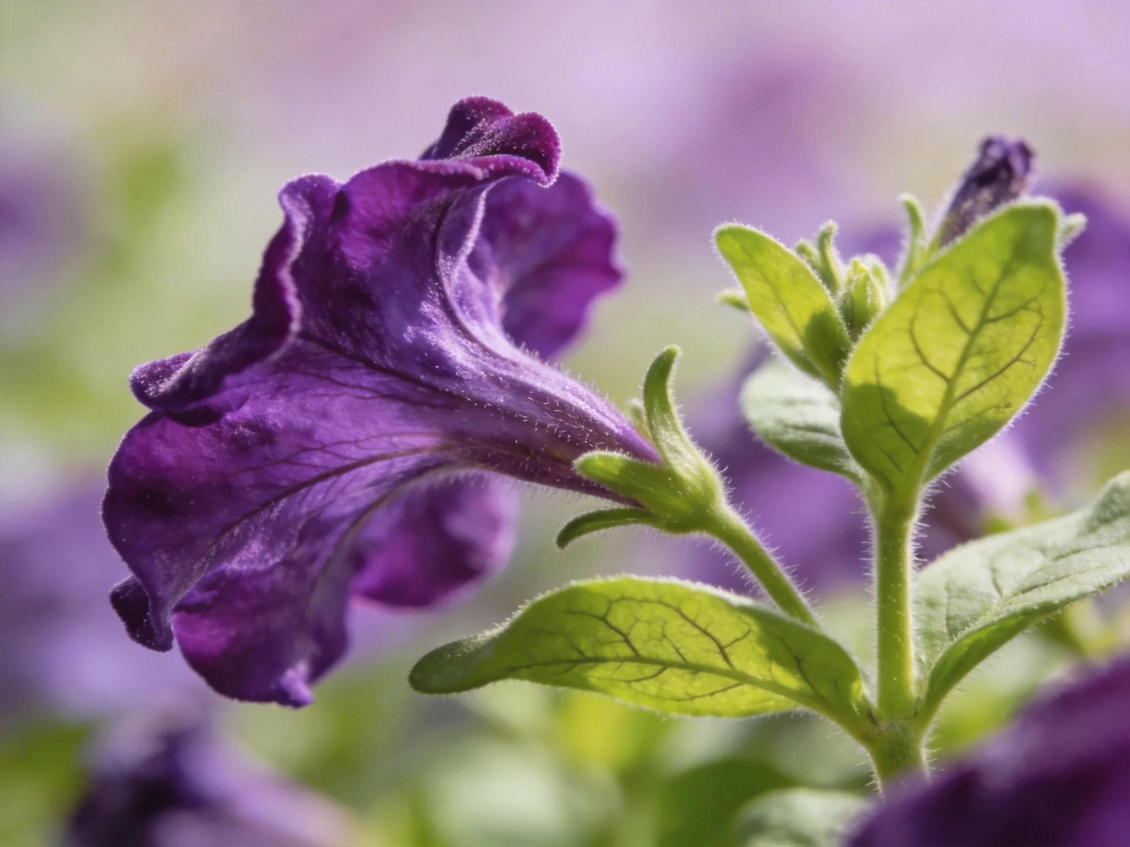 A vibrant purple petunia blooms beside fresh green foliage