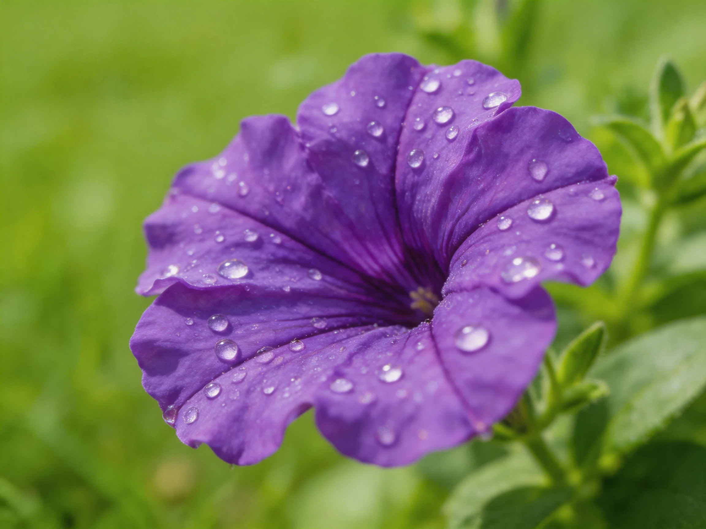 A vibrant purple petunia covered in glistening water droplets