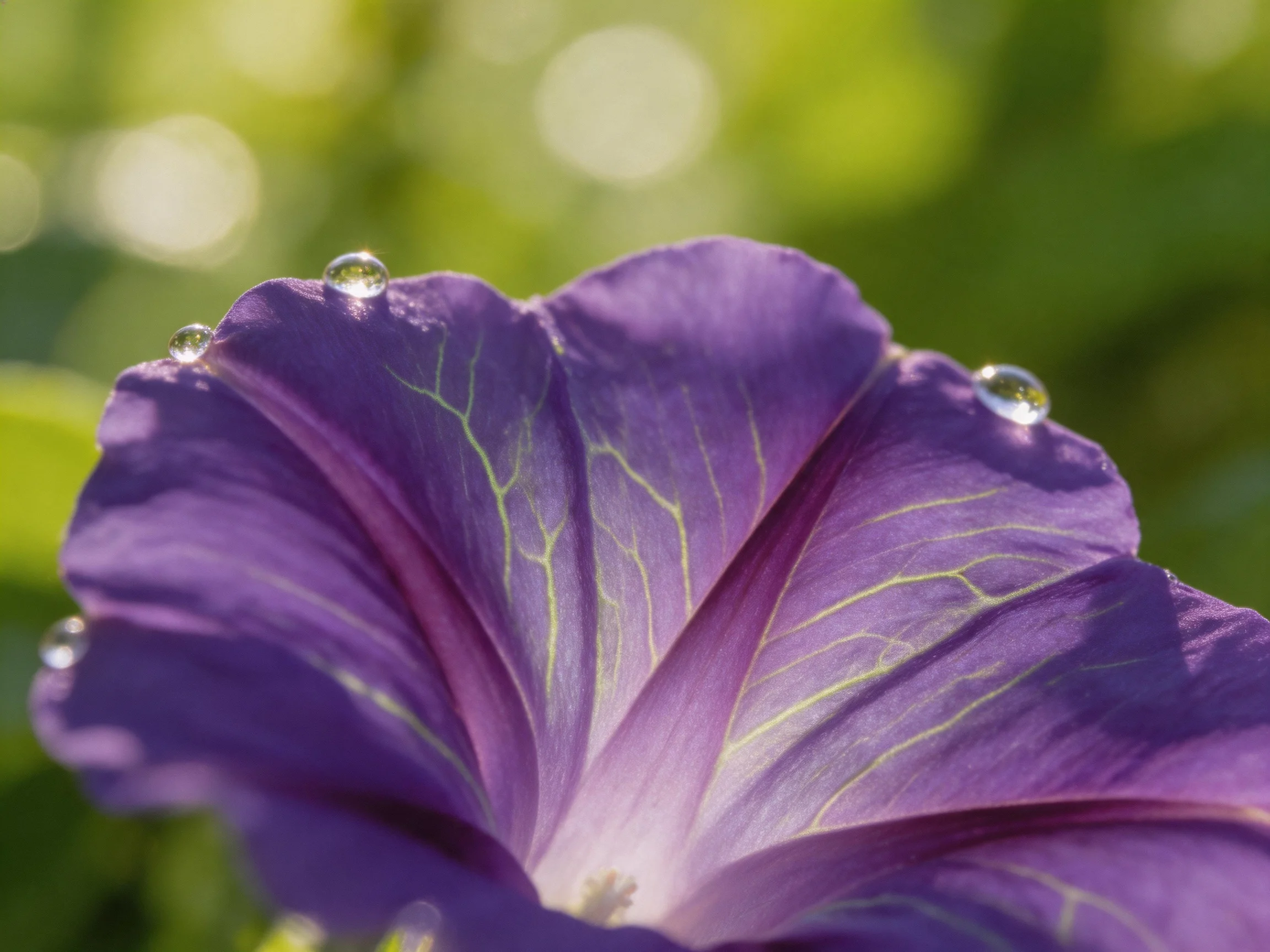 A vibrant purple petunia with glistening dewdrops against a soft green bokeh
