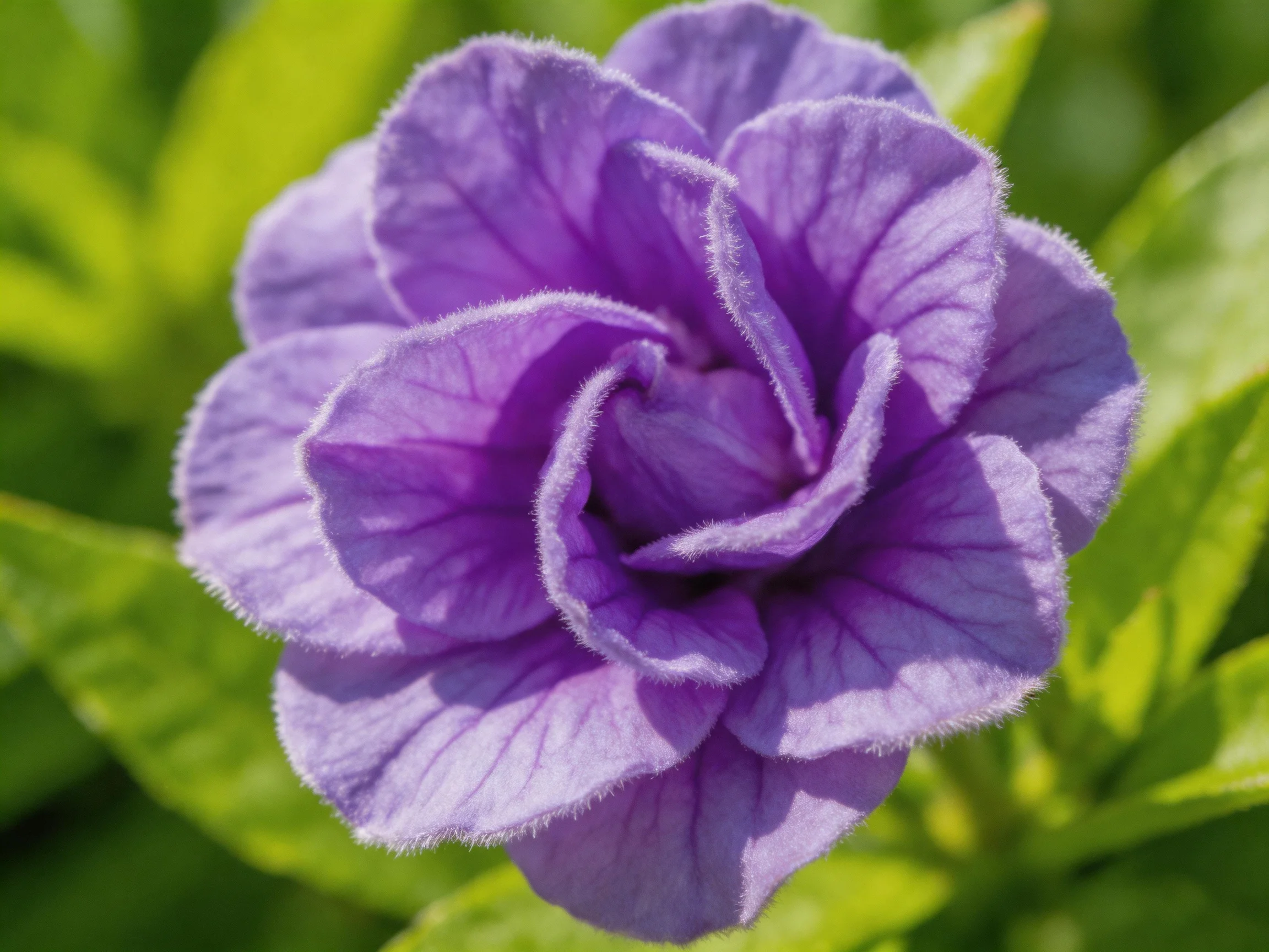 A vibrant purple petunia with layered petals in natural light