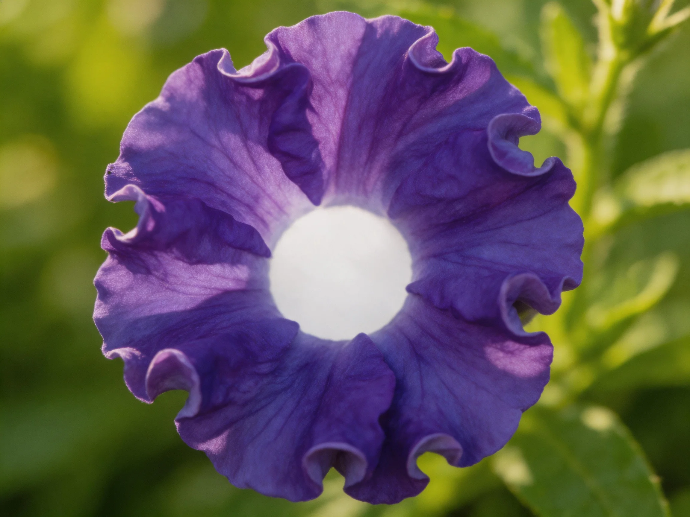 A vibrant purple petunia with ruffled petals and a white center