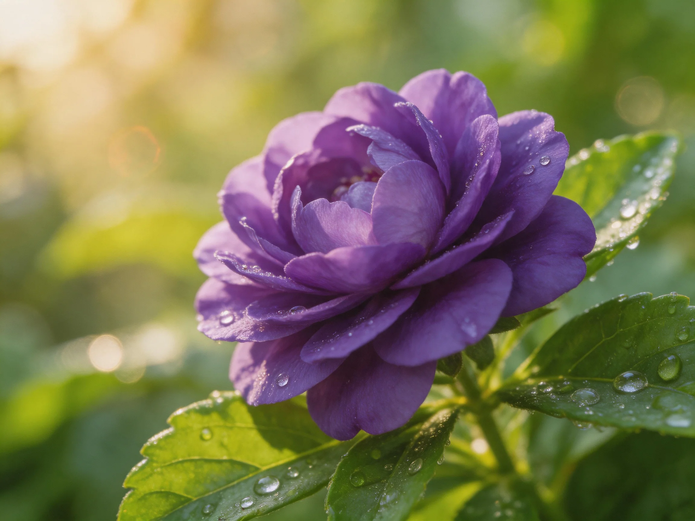 A vibrant purple rose with dewdrops on petals and green leaves