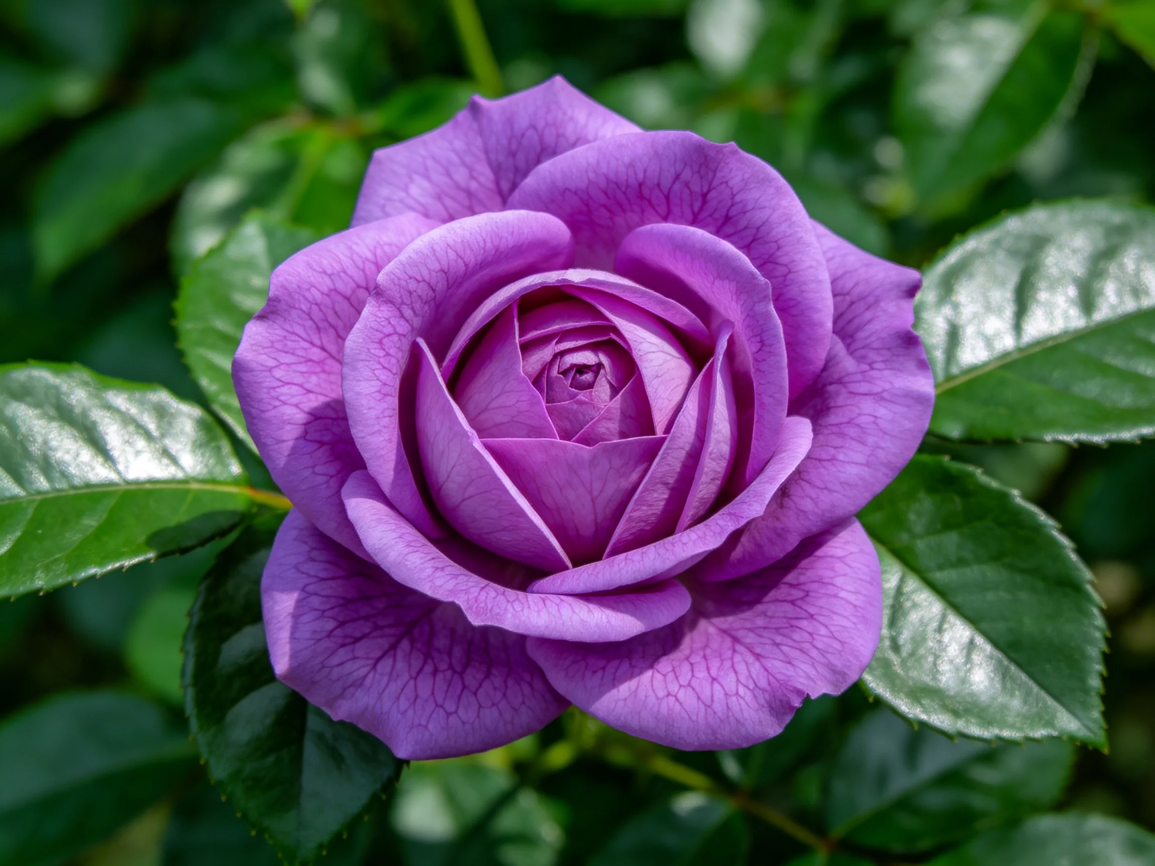 A vibrant purple rose with textured petals among green leaves