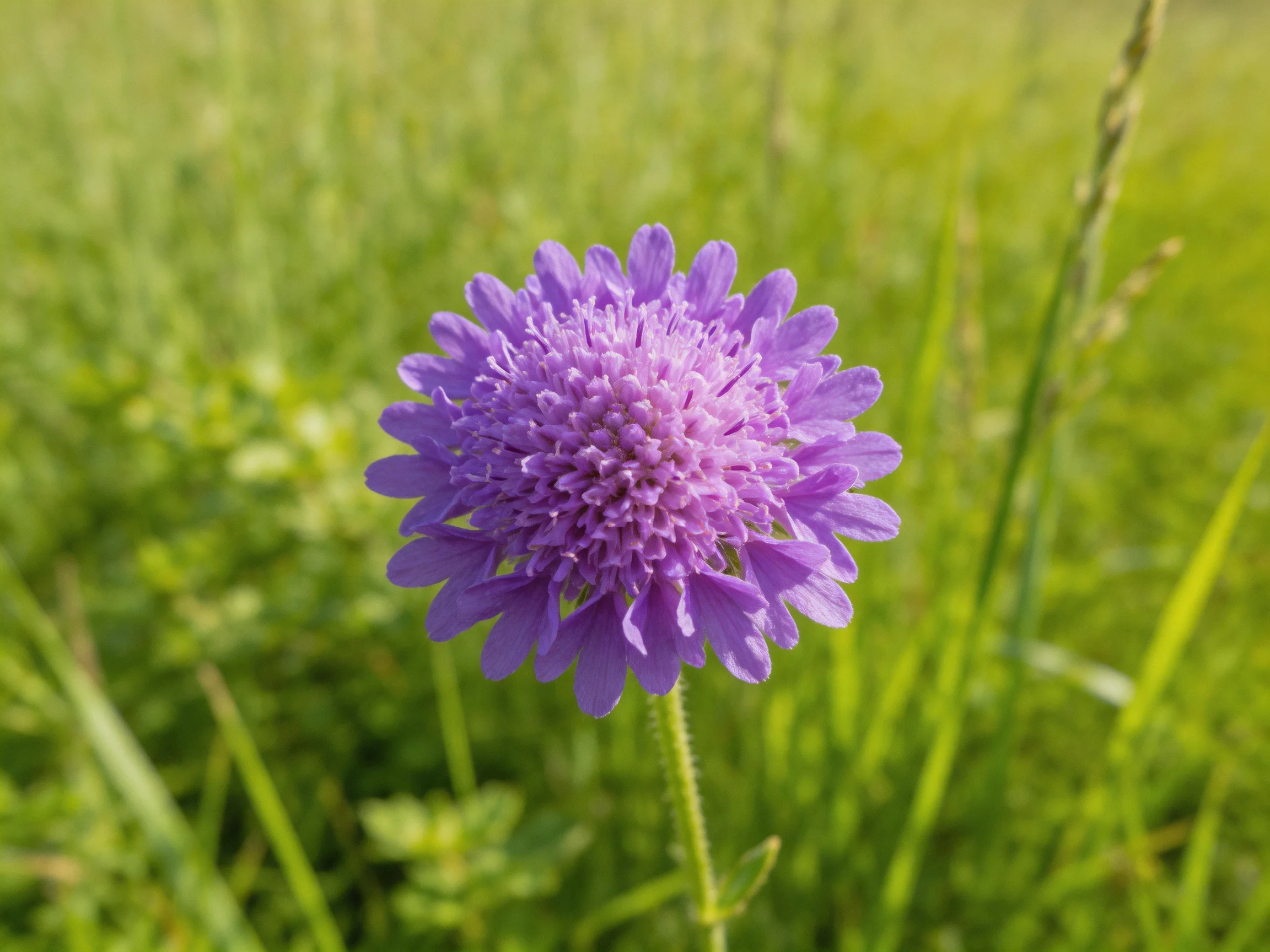 A vibrant purple scabious flower stands amid lush green foliage