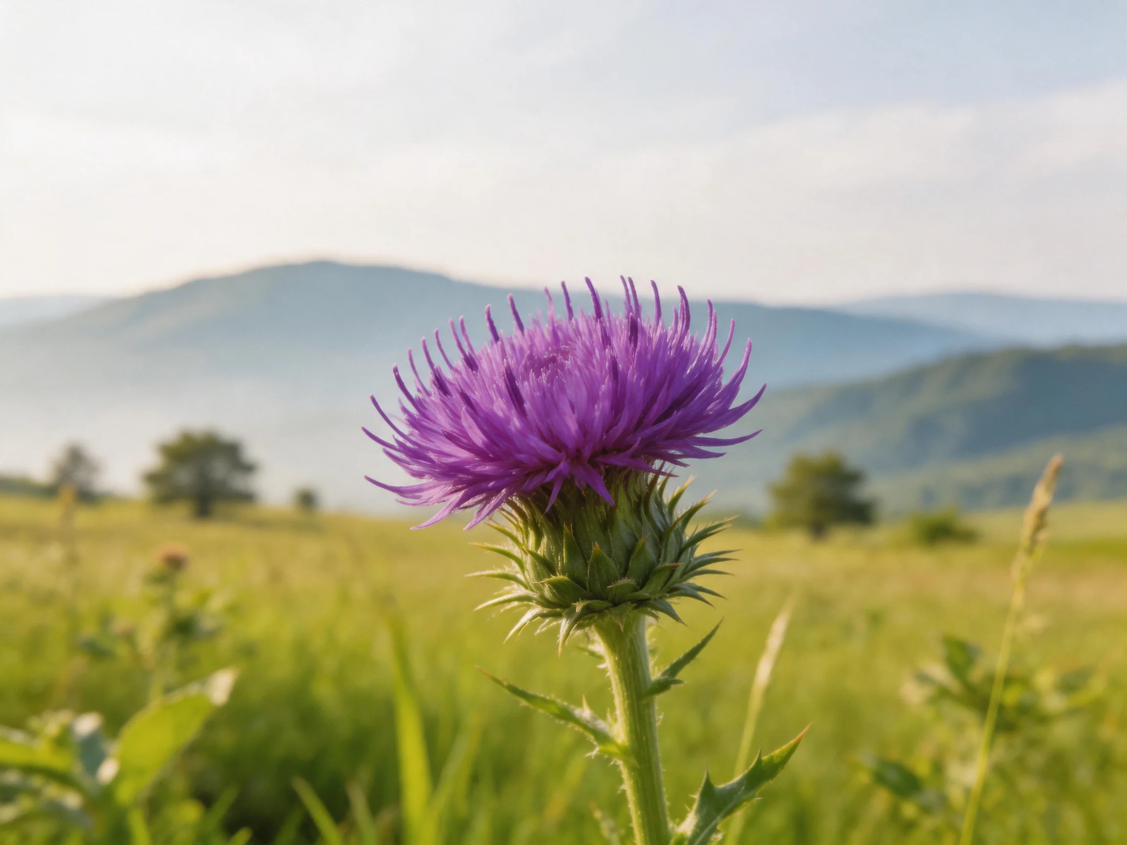 A vibrant purple thistle blooms in a sunlit meadow near misty mountains