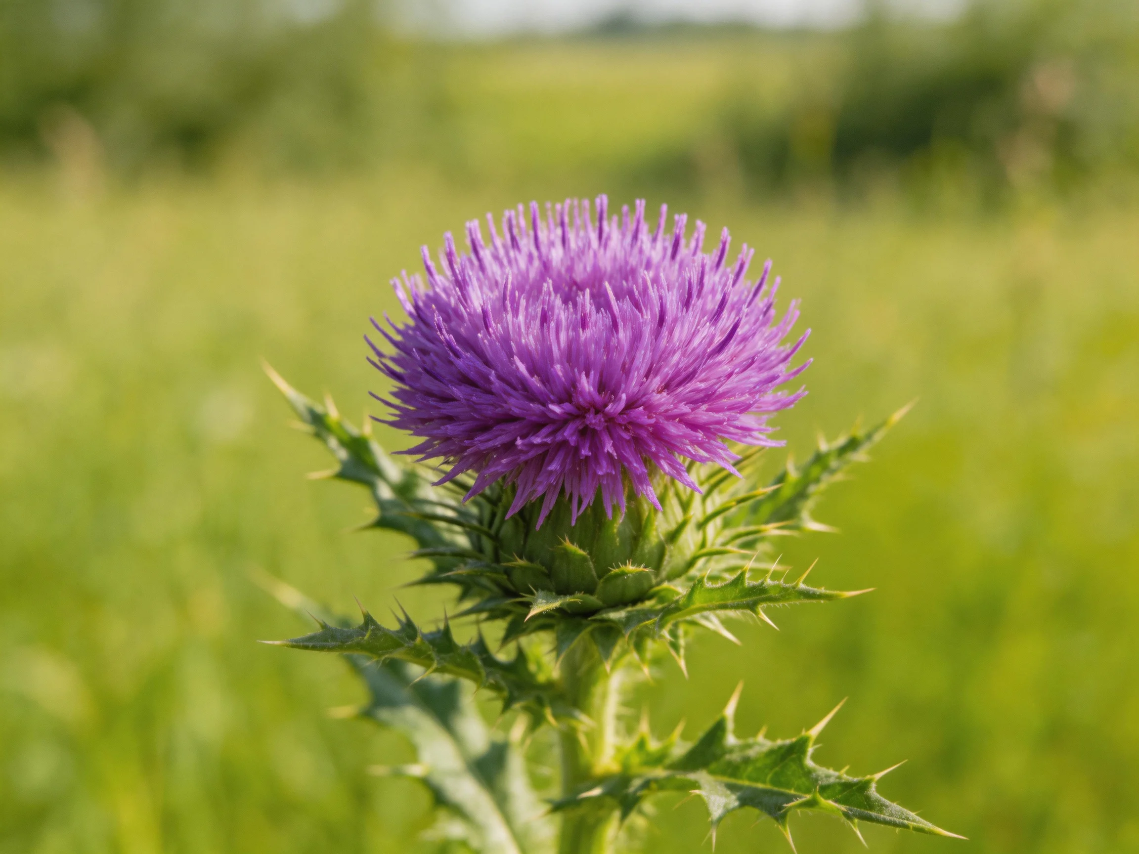 A vibrant purple thistle blooms in a sunlit meadow