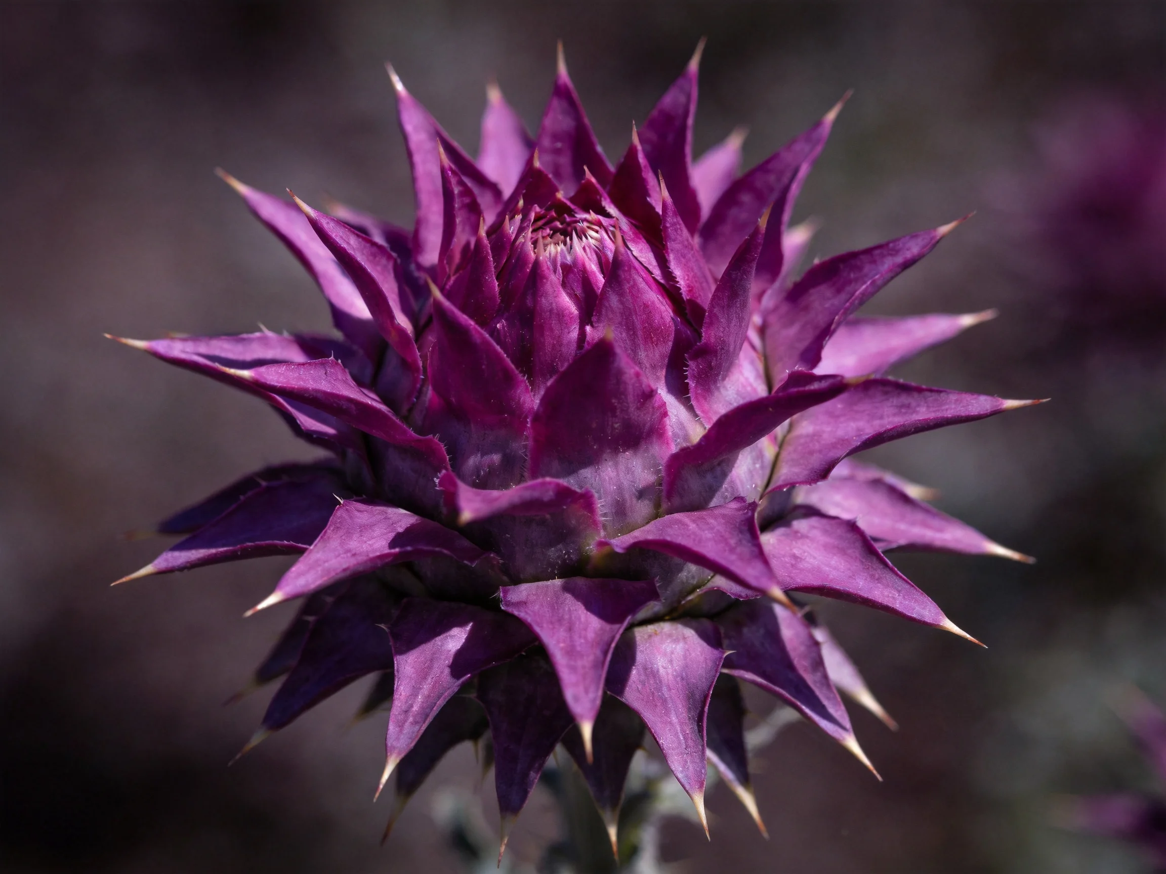 A vibrant purple thistle flower with sharp pointed petals