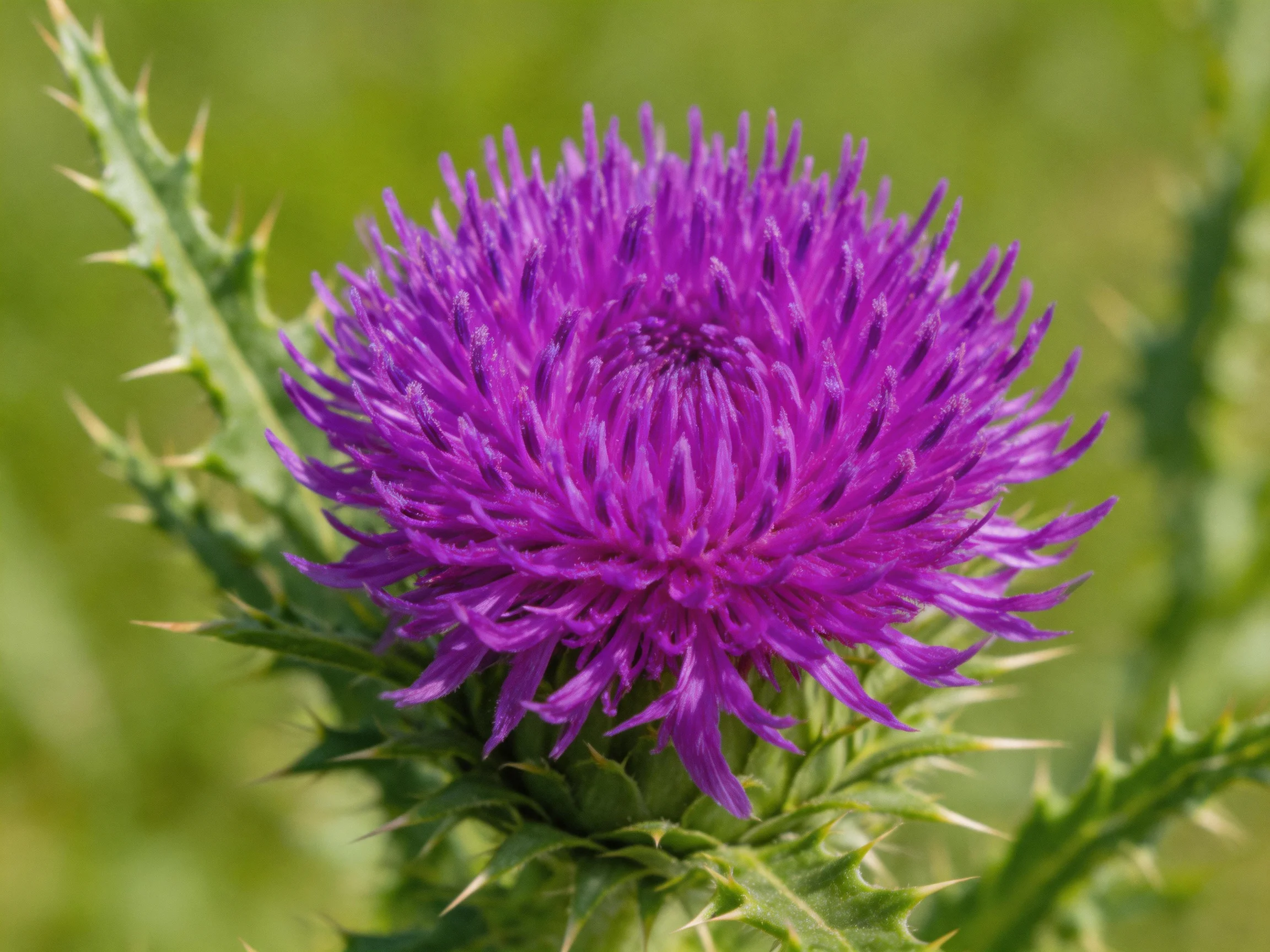 A vibrant purple thistle flower with spiky green foliage