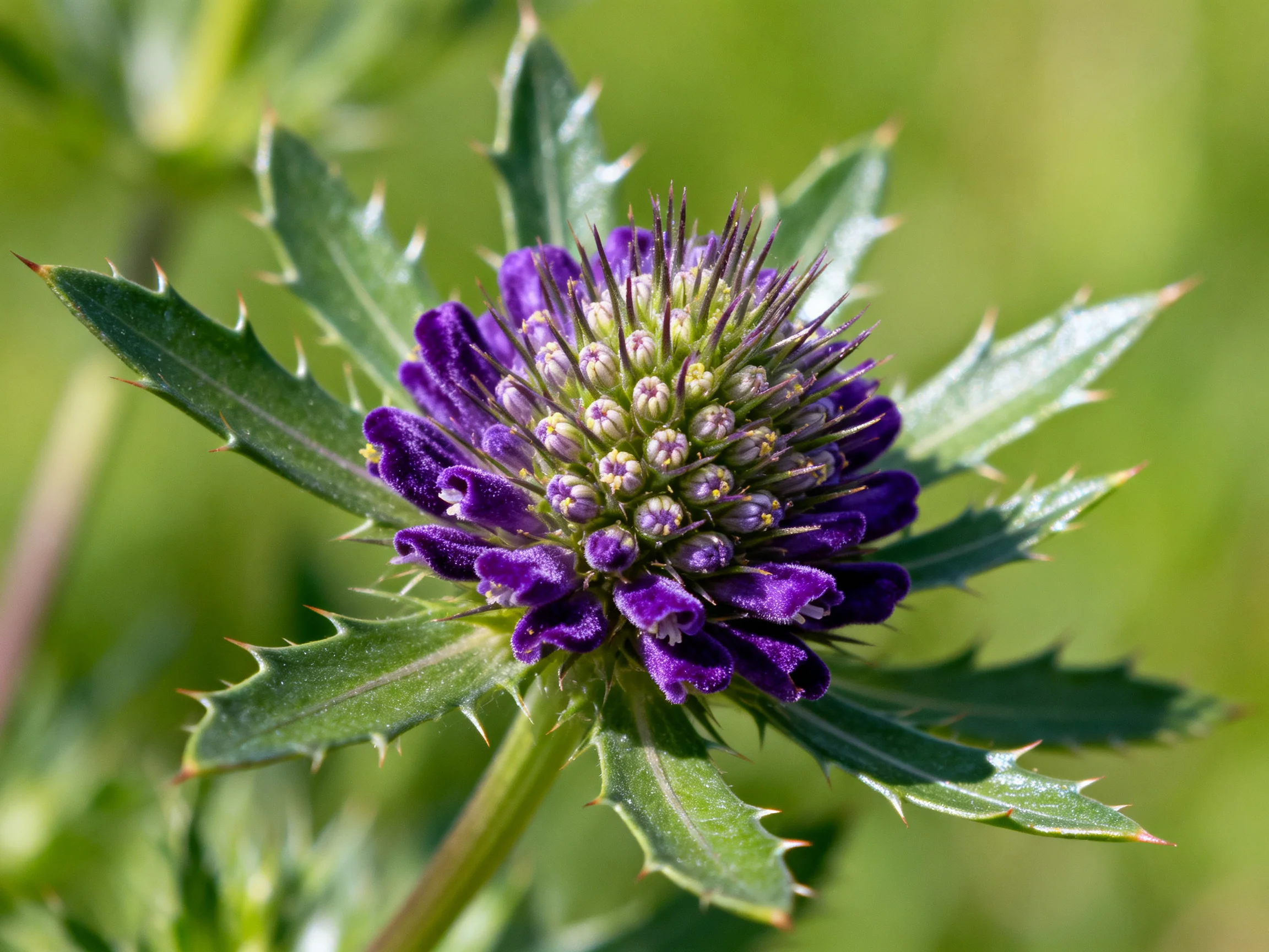 A vibrant purple thistle flower with spiky green leaves