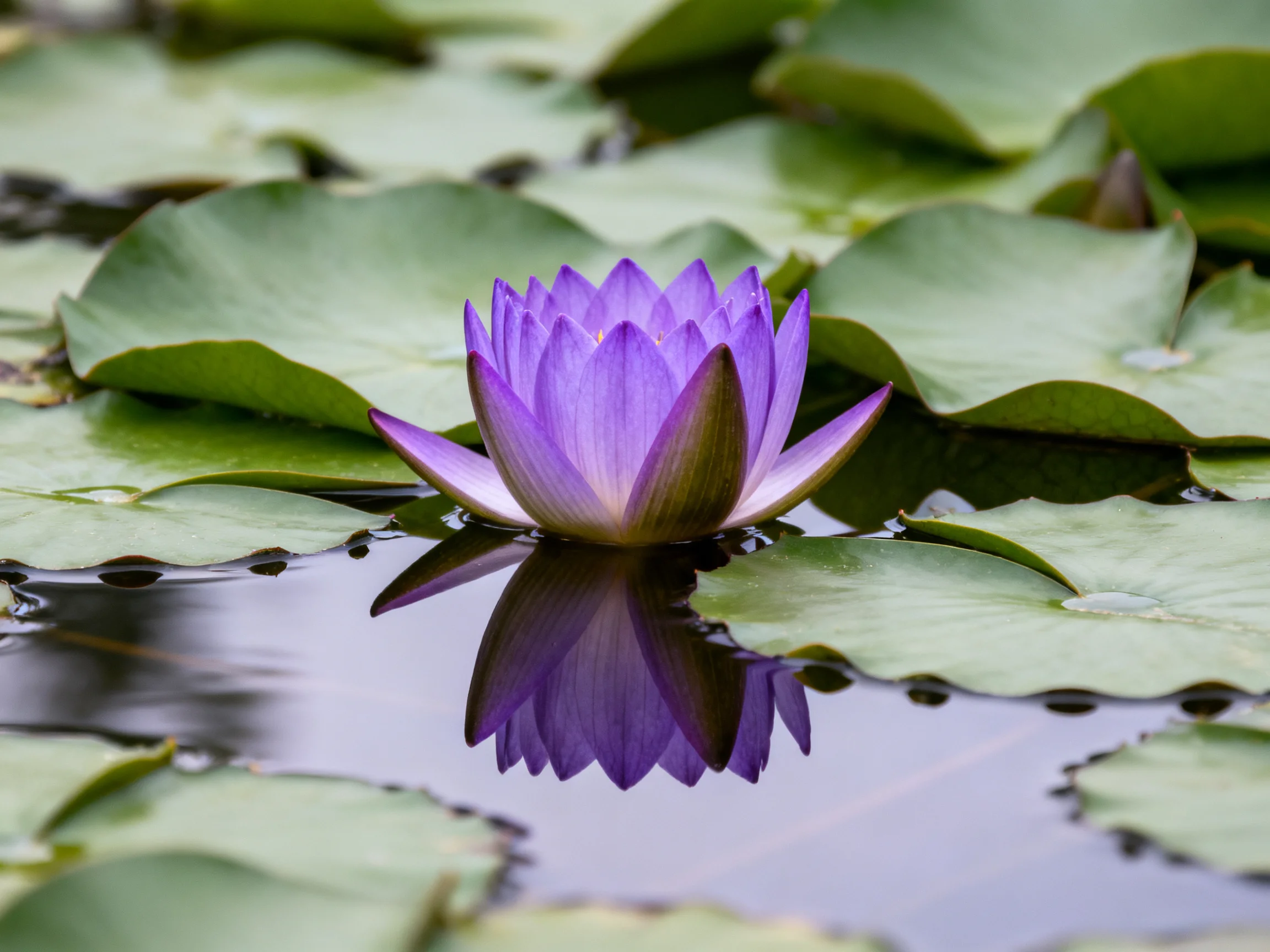 A vibrant purple water lily blooms among broad green lily pads