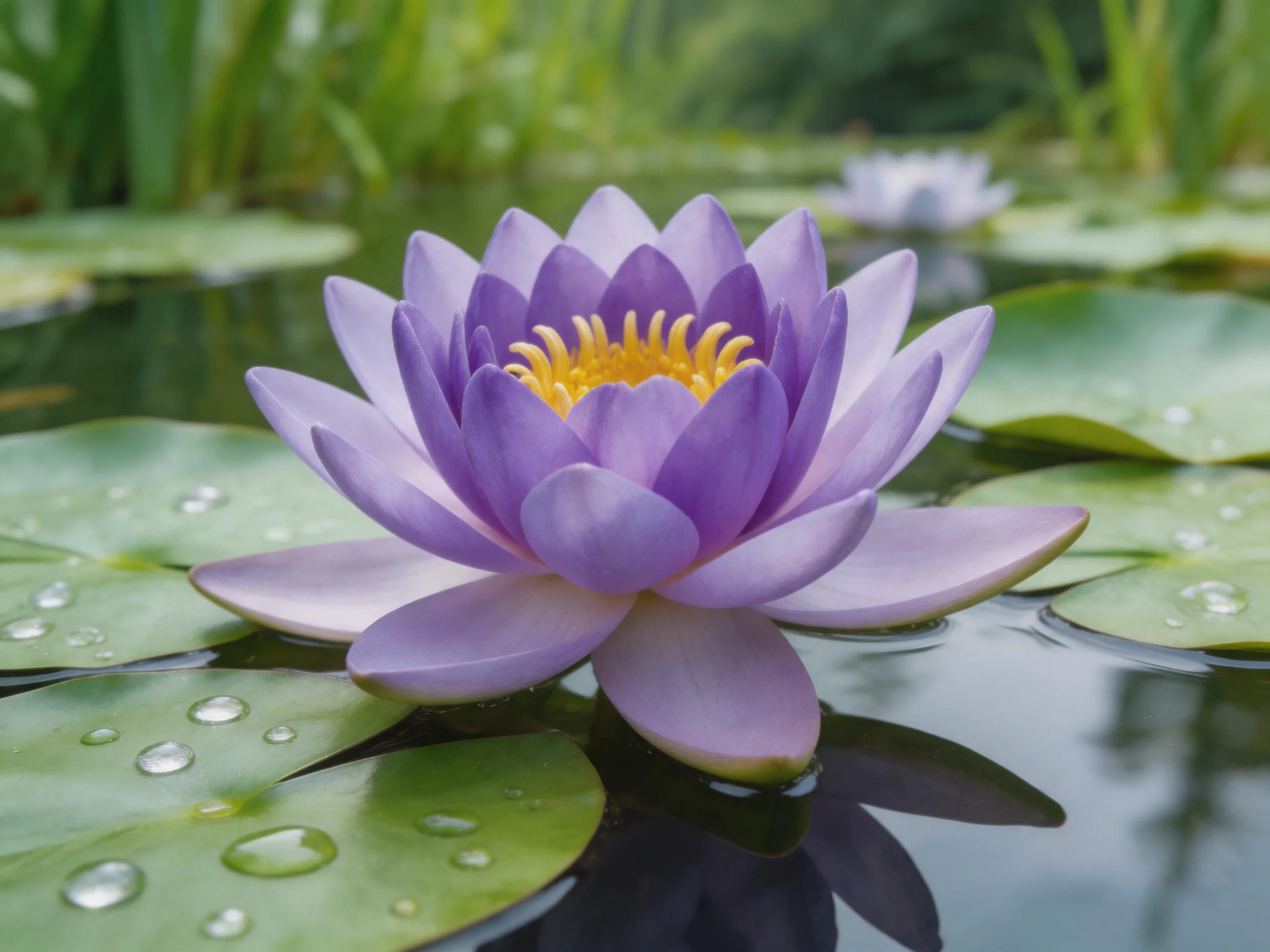 A vibrant purple water lily blooms among green lily pads with dewdrops