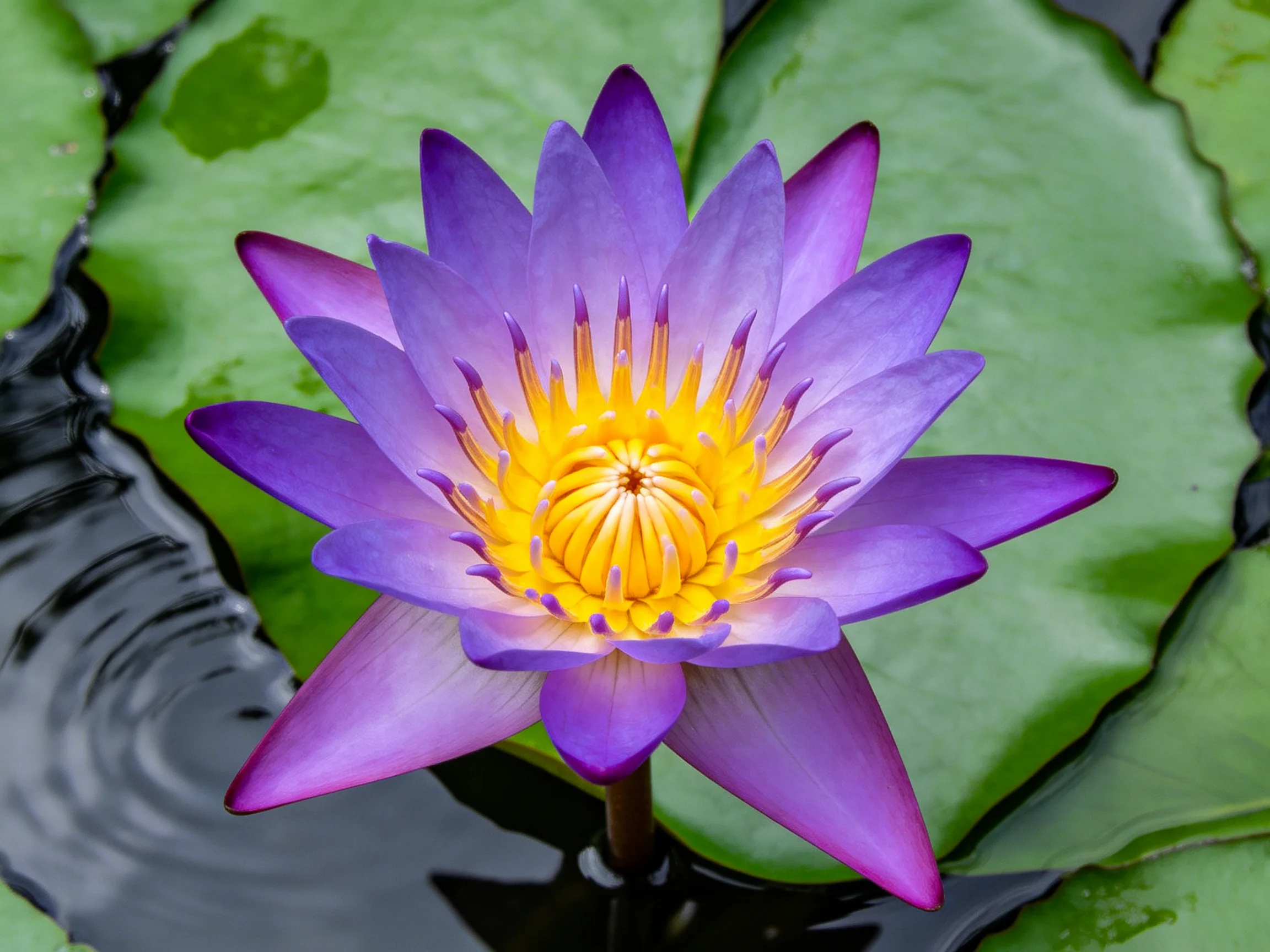A vibrant purple water lily blooms among large green lily pads near calm water