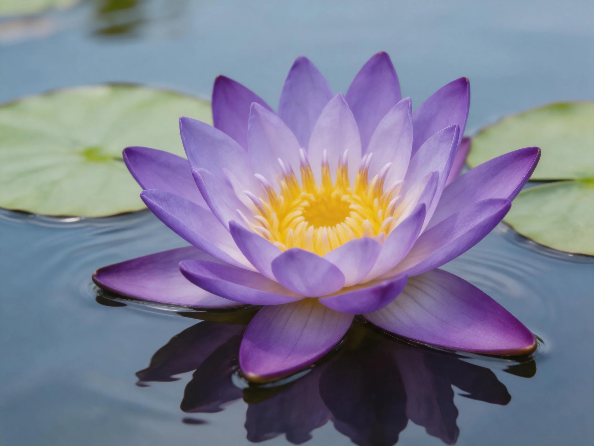 A vibrant purple water lily blooms atop calm blue water