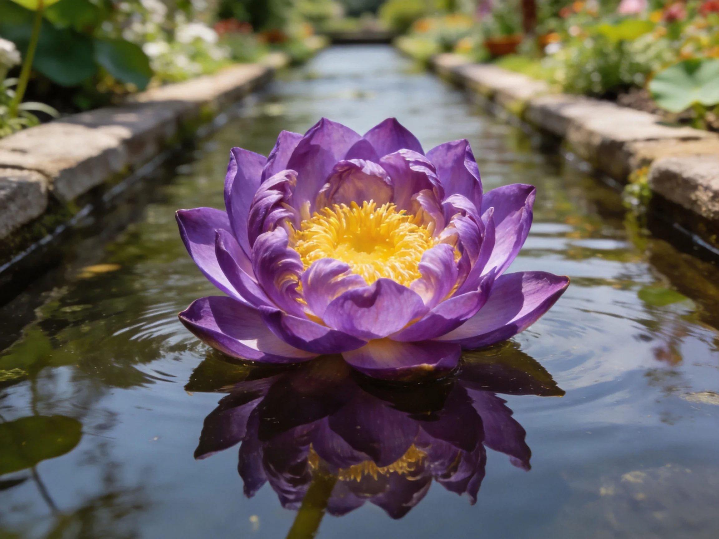 A vibrant purple water lily floating in a narrow garden pond