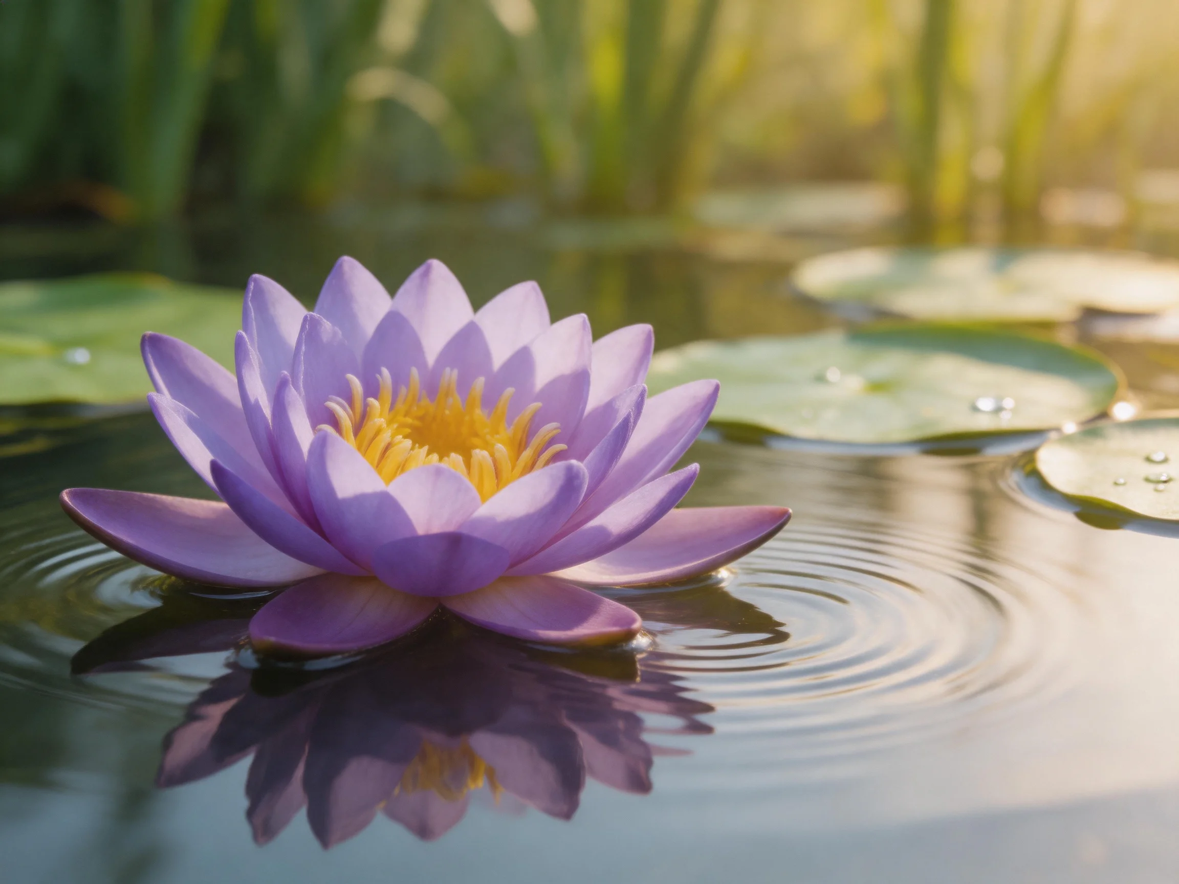 A vibrant purple water lily floats on calm water with green lily pads
