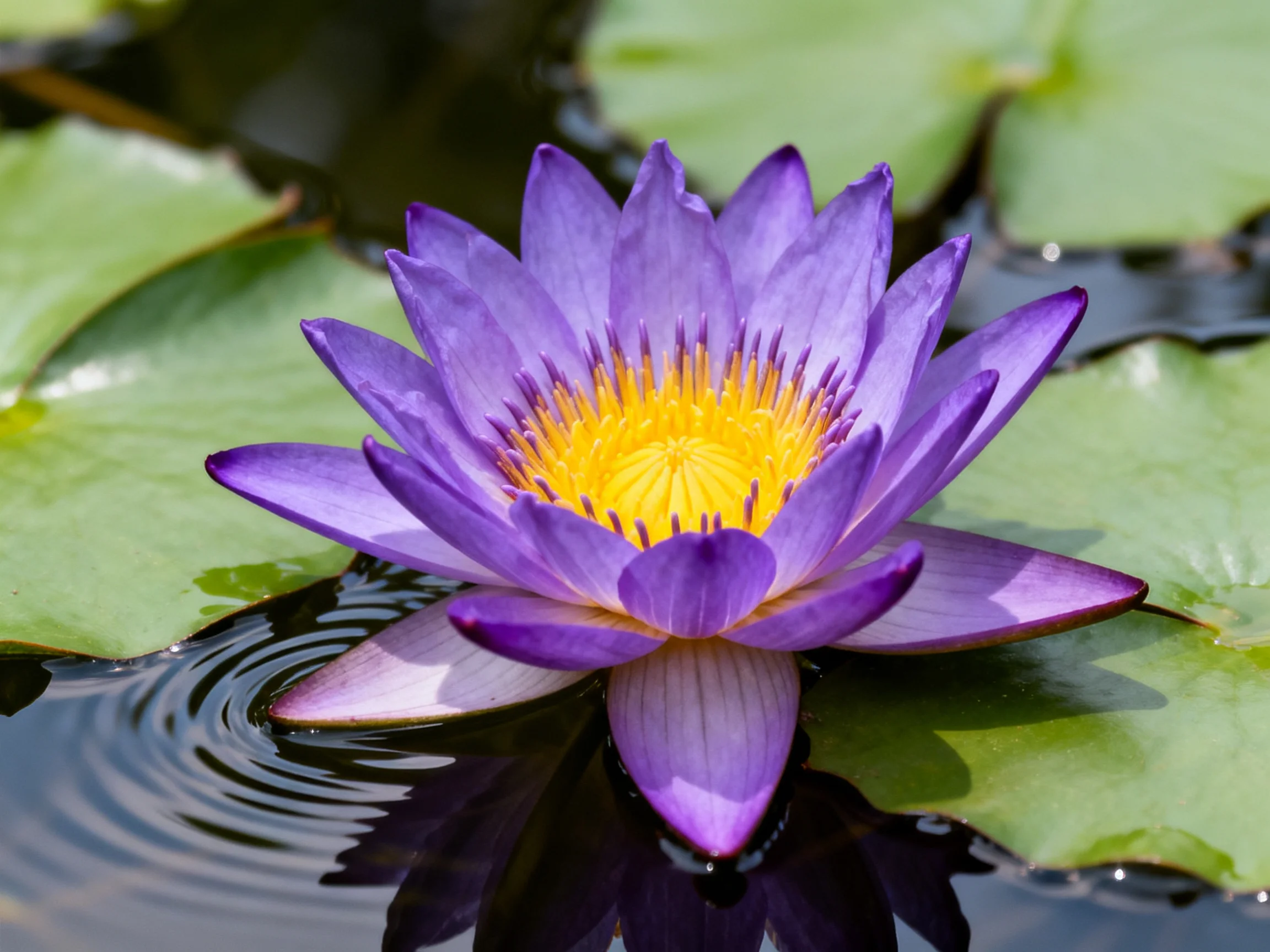 A vibrant purple water lily with a golden center floats amid green lily pads