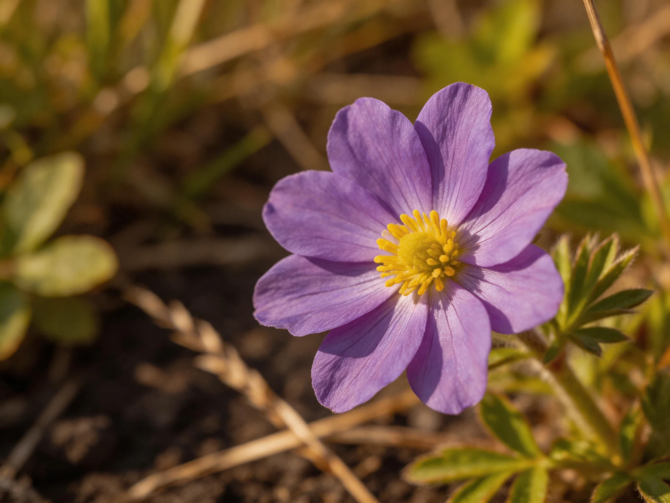 A vibrant purple wildflower with a bright yellow center in natural surroundings
