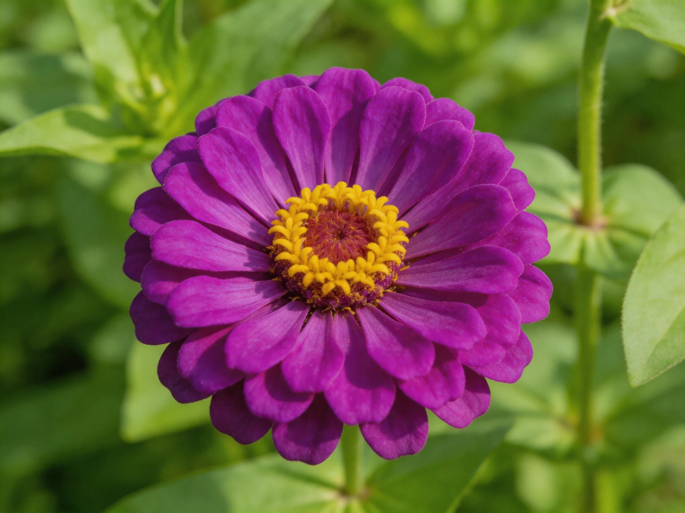 A vibrant purple zinnia with a bright yellow center surrounded by green foliage