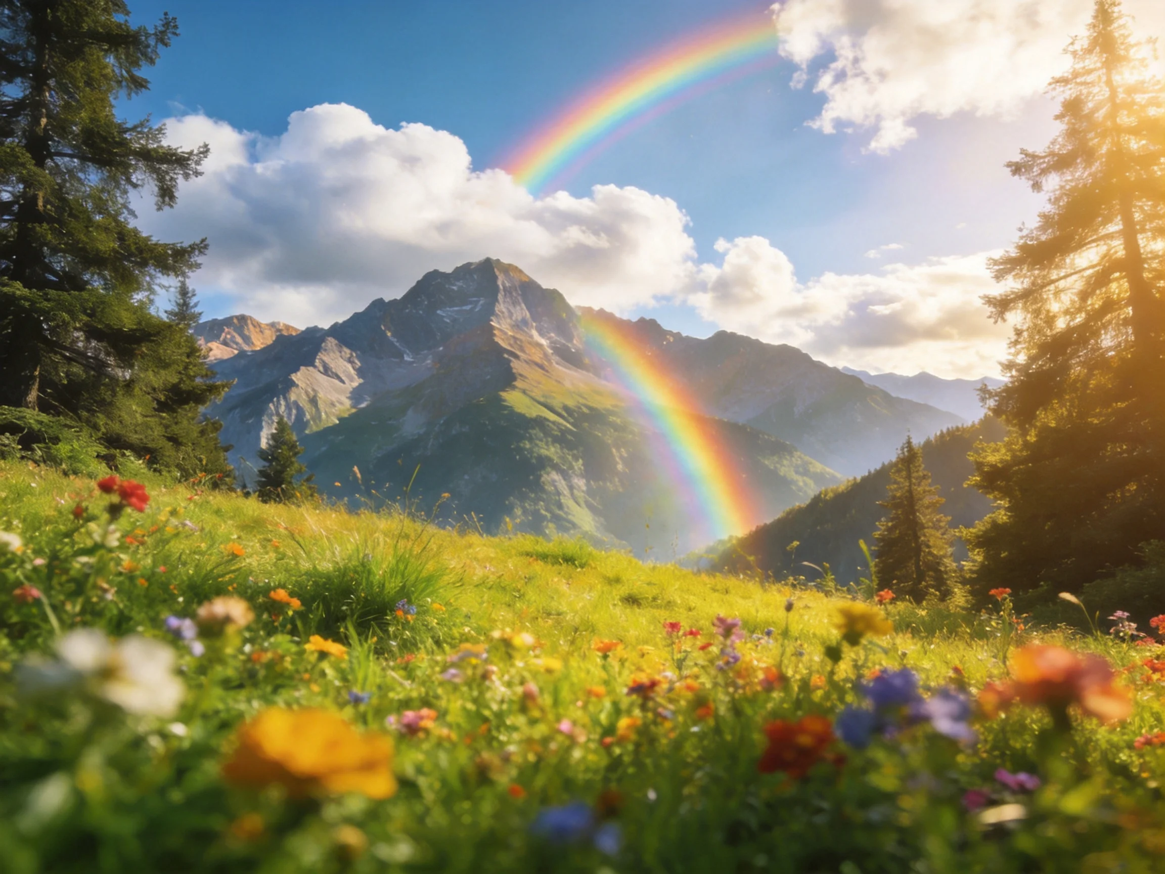 A vibrant rainbow arches over a mountainous meadow with colorful wildflowers