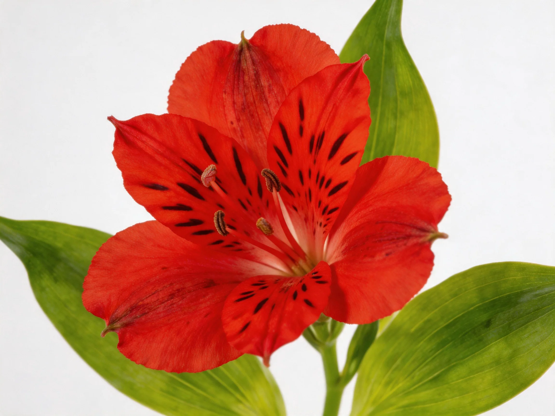 A vibrant red alstroemeria flower with dark petal markings and green leaves