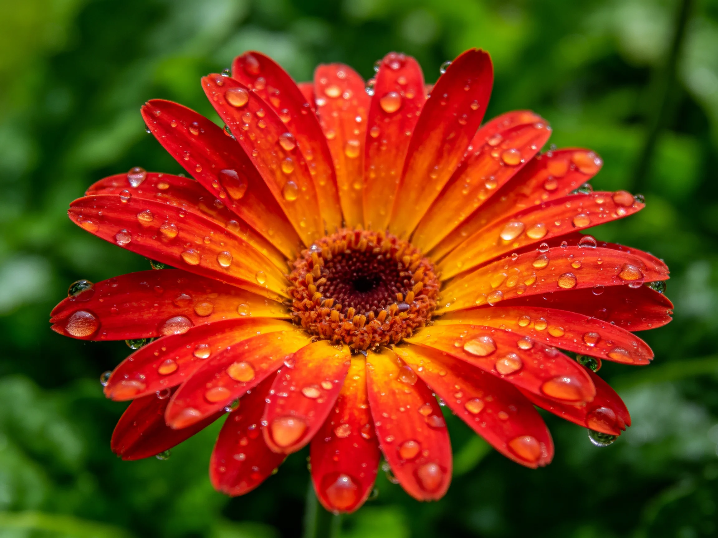 A close - up of a red and orange gerbera daisy adorned with dew drops amid lush greenery.