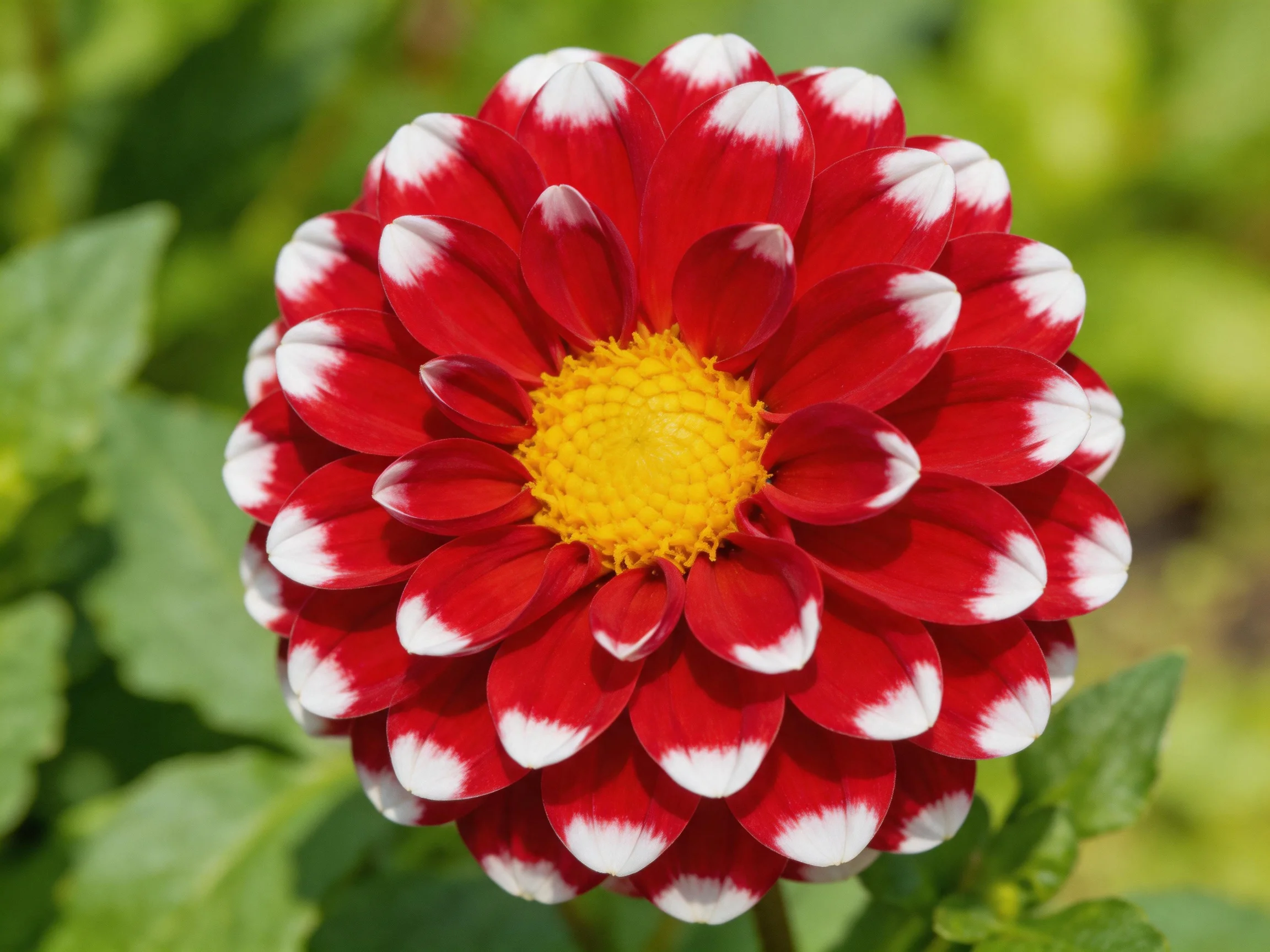 A vibrant red and white dahlia with a bright yellow center