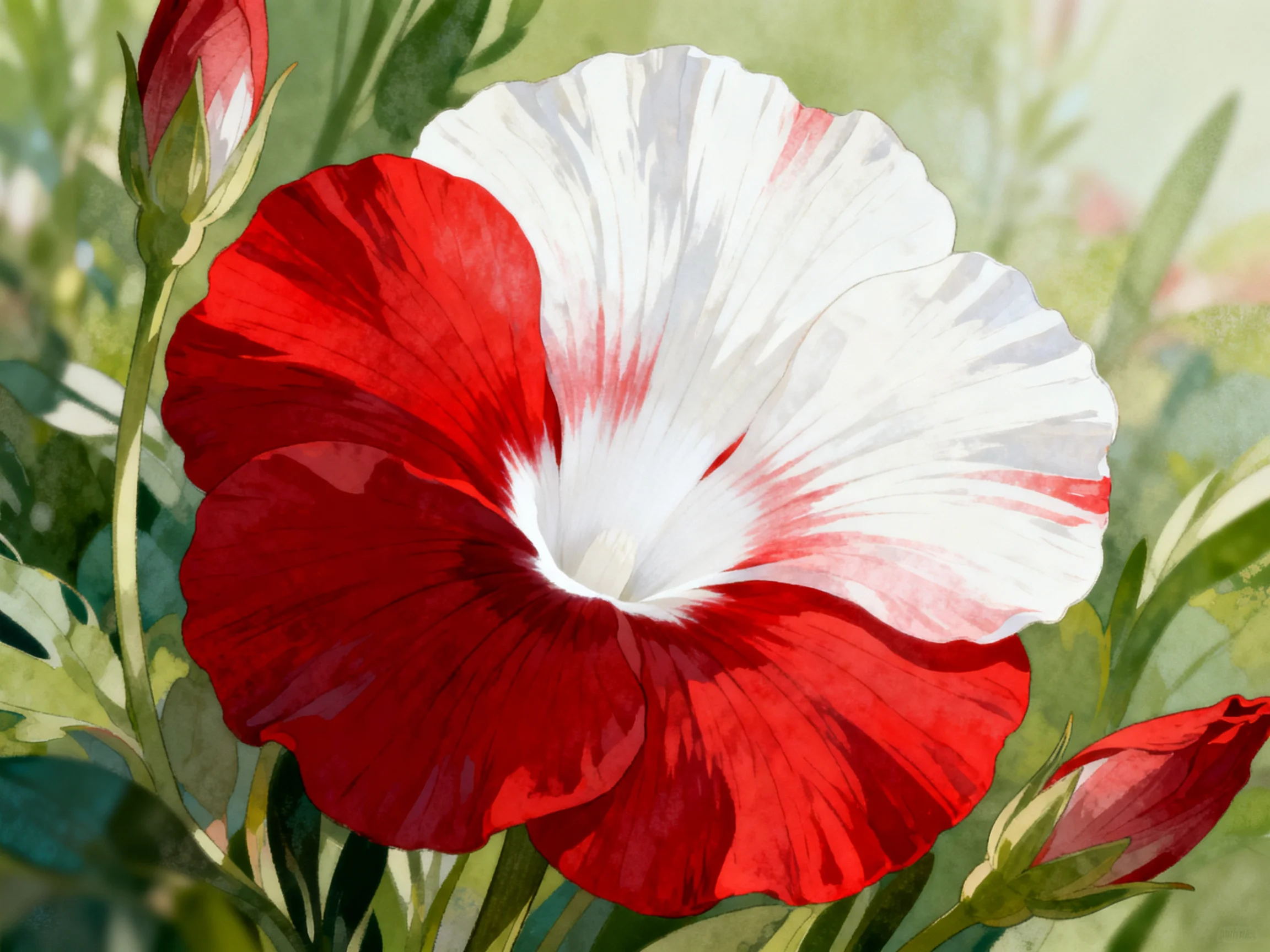 A vibrant red and white hibiscus flower with budding companions