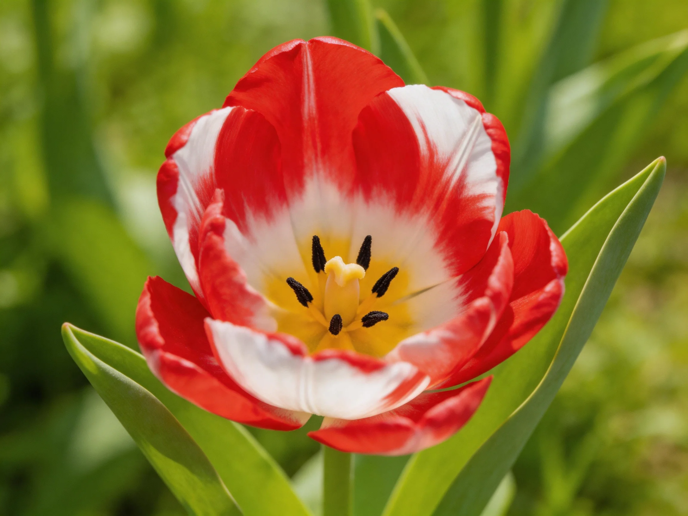 A vibrant red and white tulip with bright yellow center