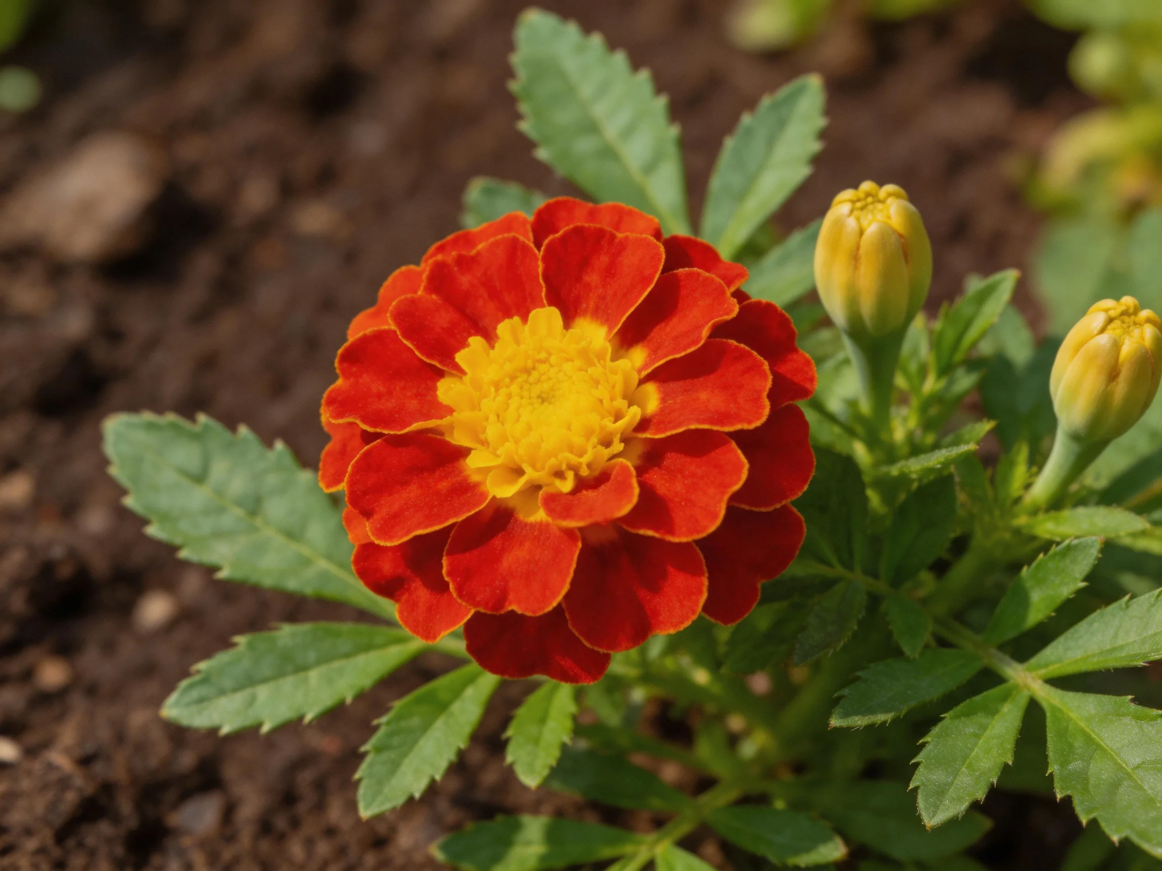 A vibrant red and yellow marigold blooms near two unopened buds