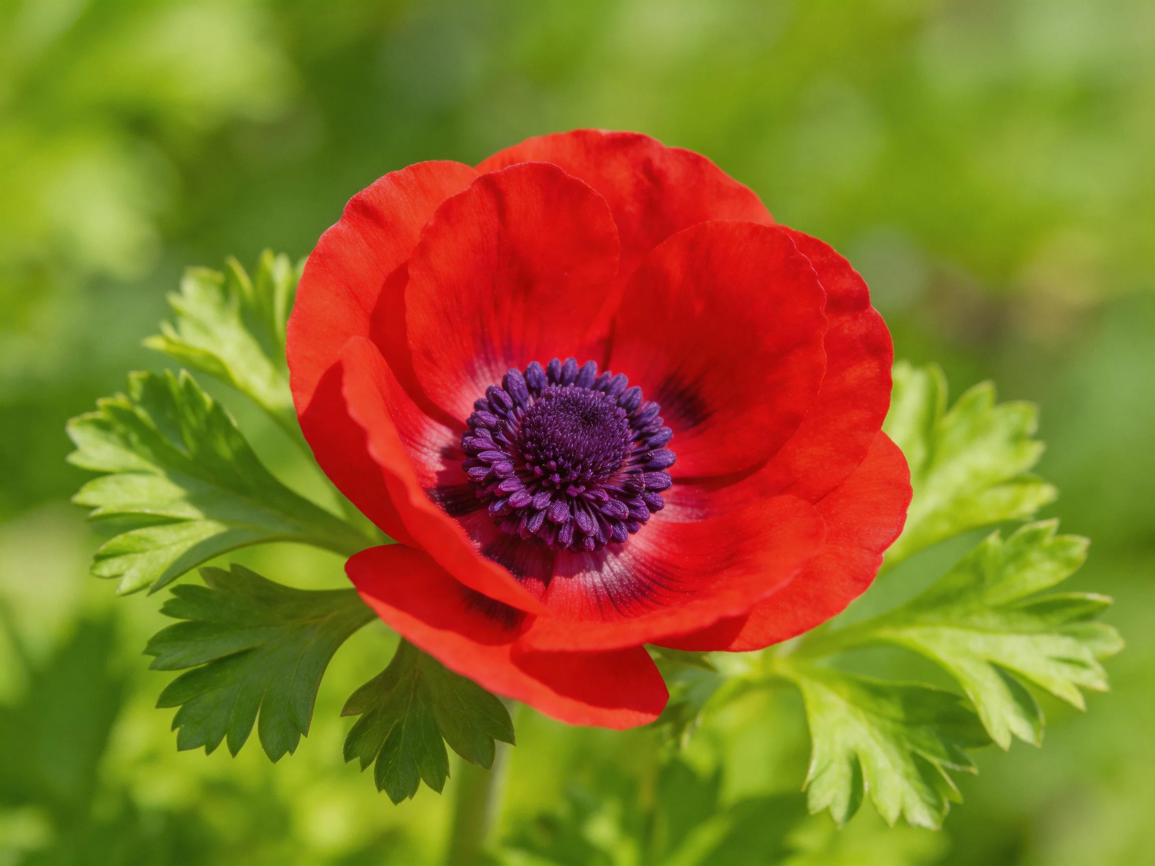 A vibrant red anemone with deep purple center and green foliage