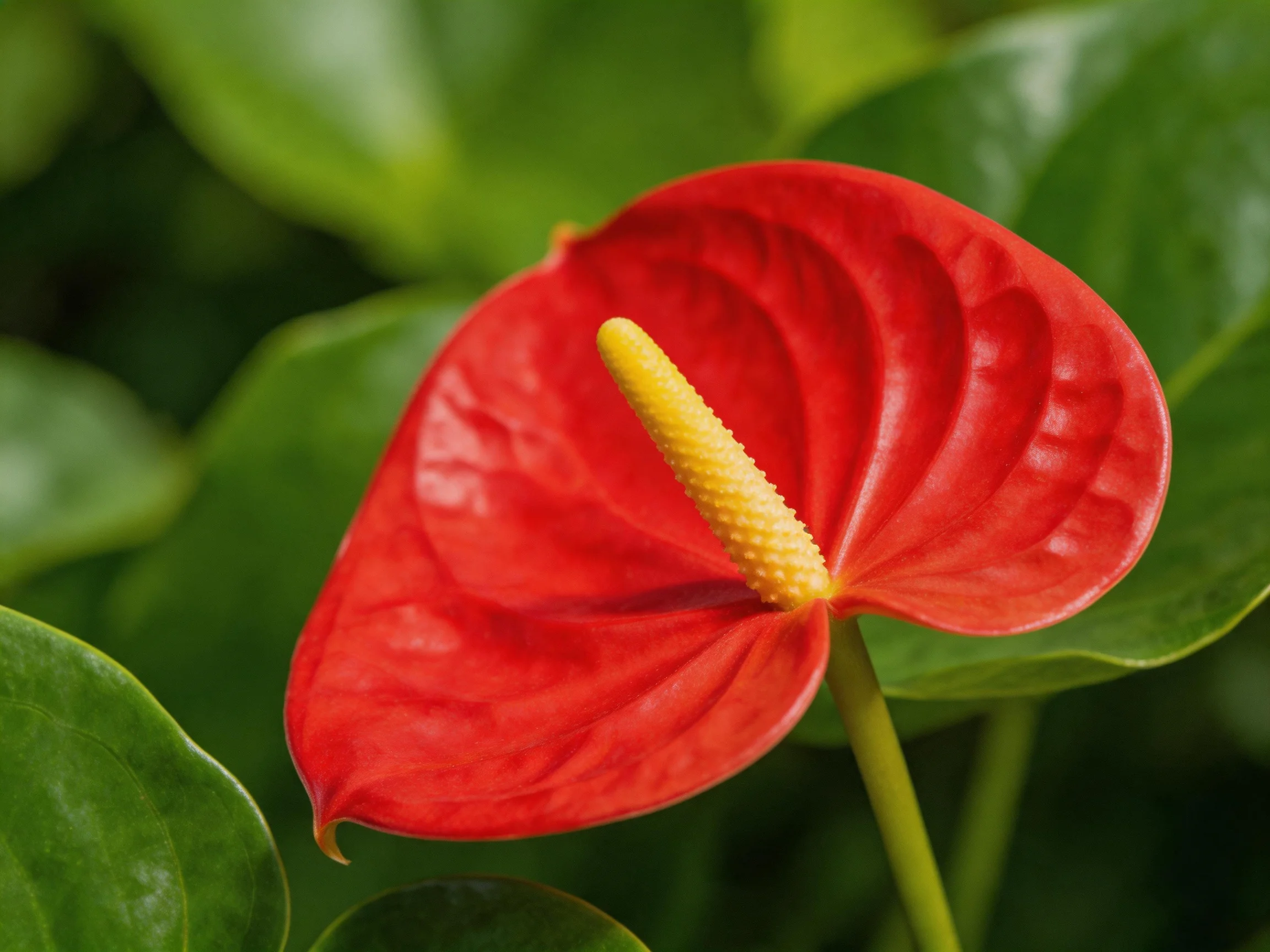 A vibrant red anthurium flower with yellow spadix amid lush green foliage