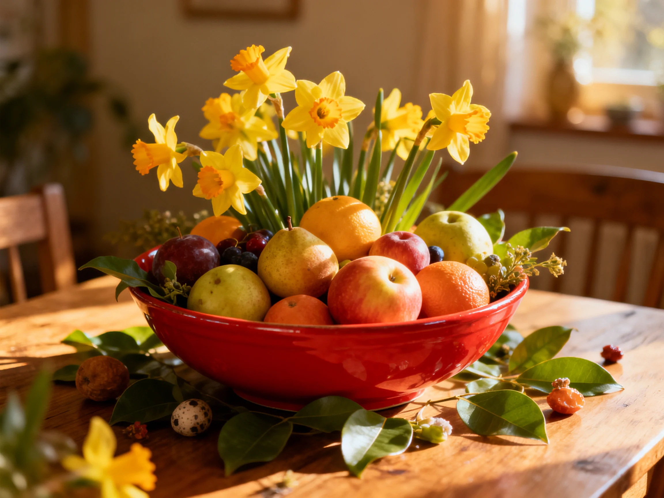A vibrant red bowl filled with assorted fruits and yellow flowers