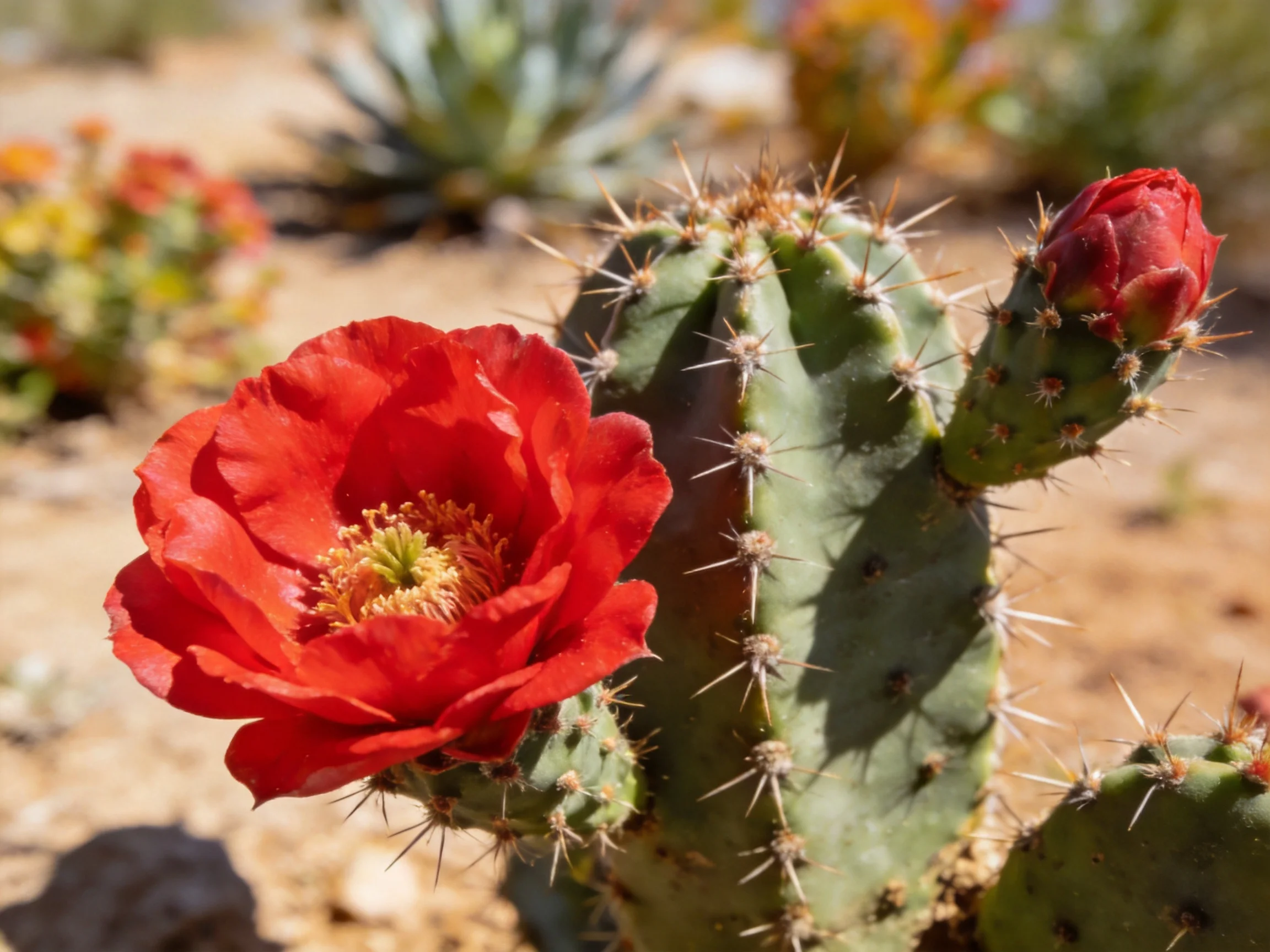 A vibrant red cactus flower blooms near a closed bud in a sandy landscape